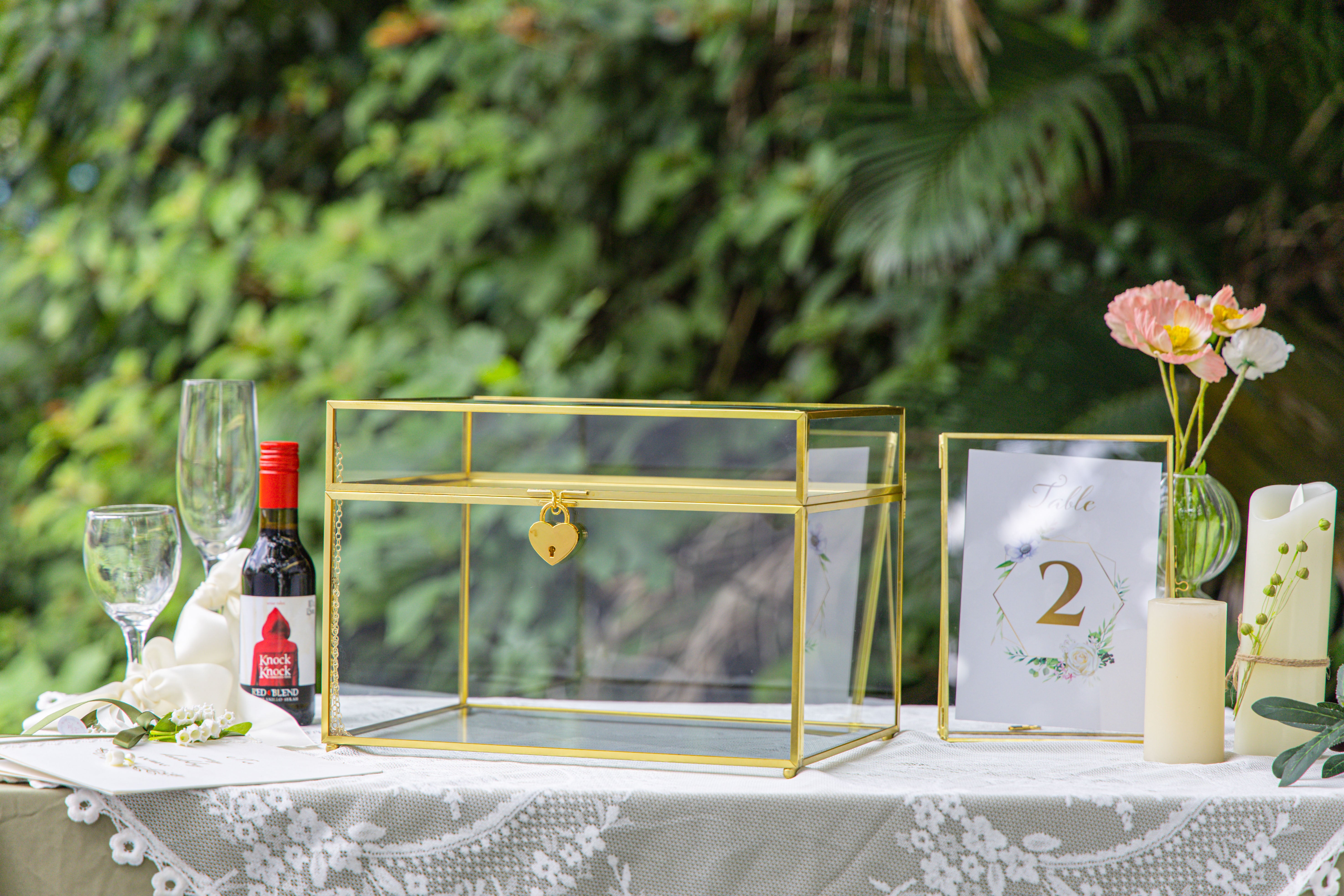 Handmade 12" Large Gold Rectangle Geometric Glass Card Box with Slot Lock for Keepsake, Wedding Reception, Postbox - NCYPgarden