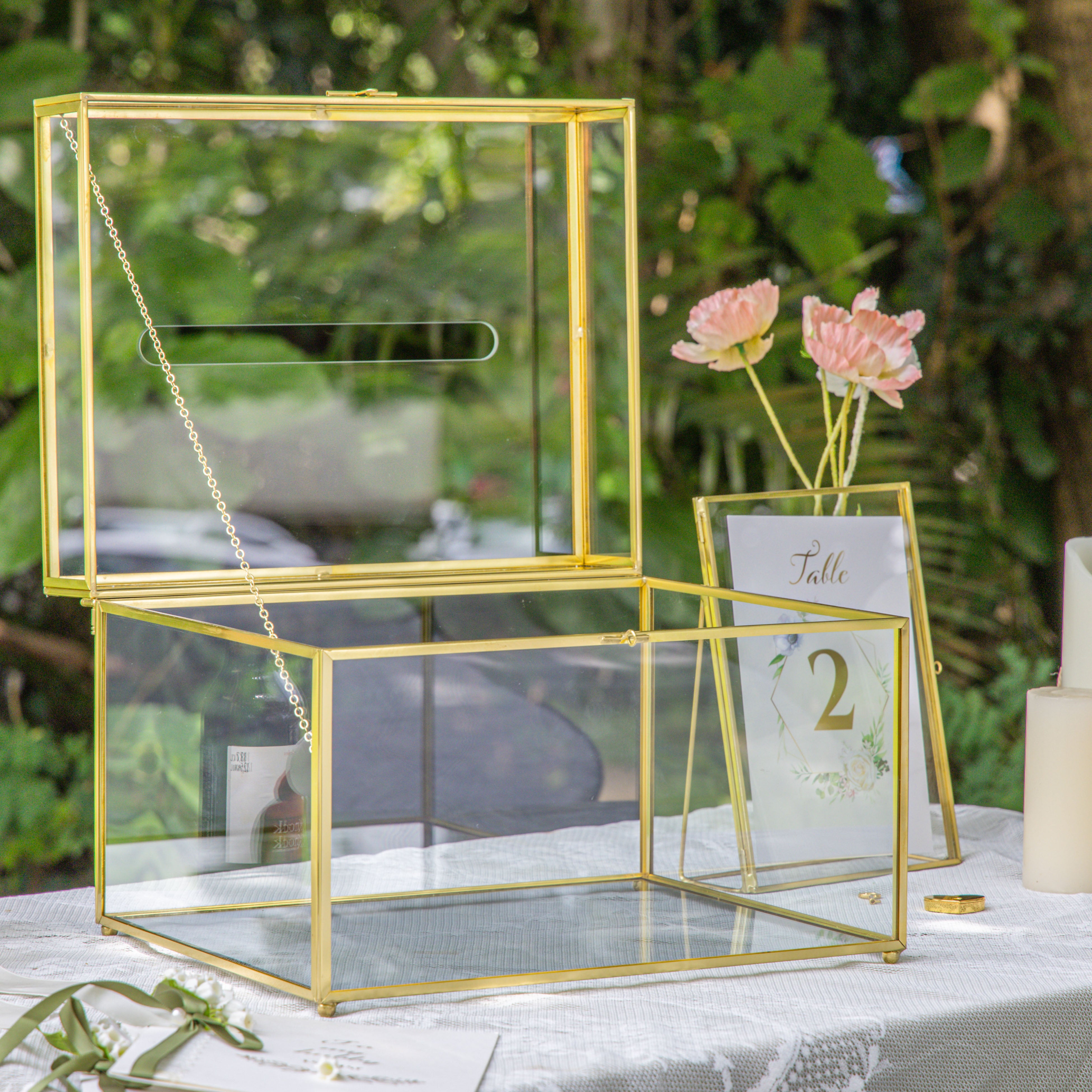Handmade 12" Large Gold Rectangle Geometric Glass Card Box with Slot Lock for Keepsake, Wedding Reception, Postbox - NCYPgarden
