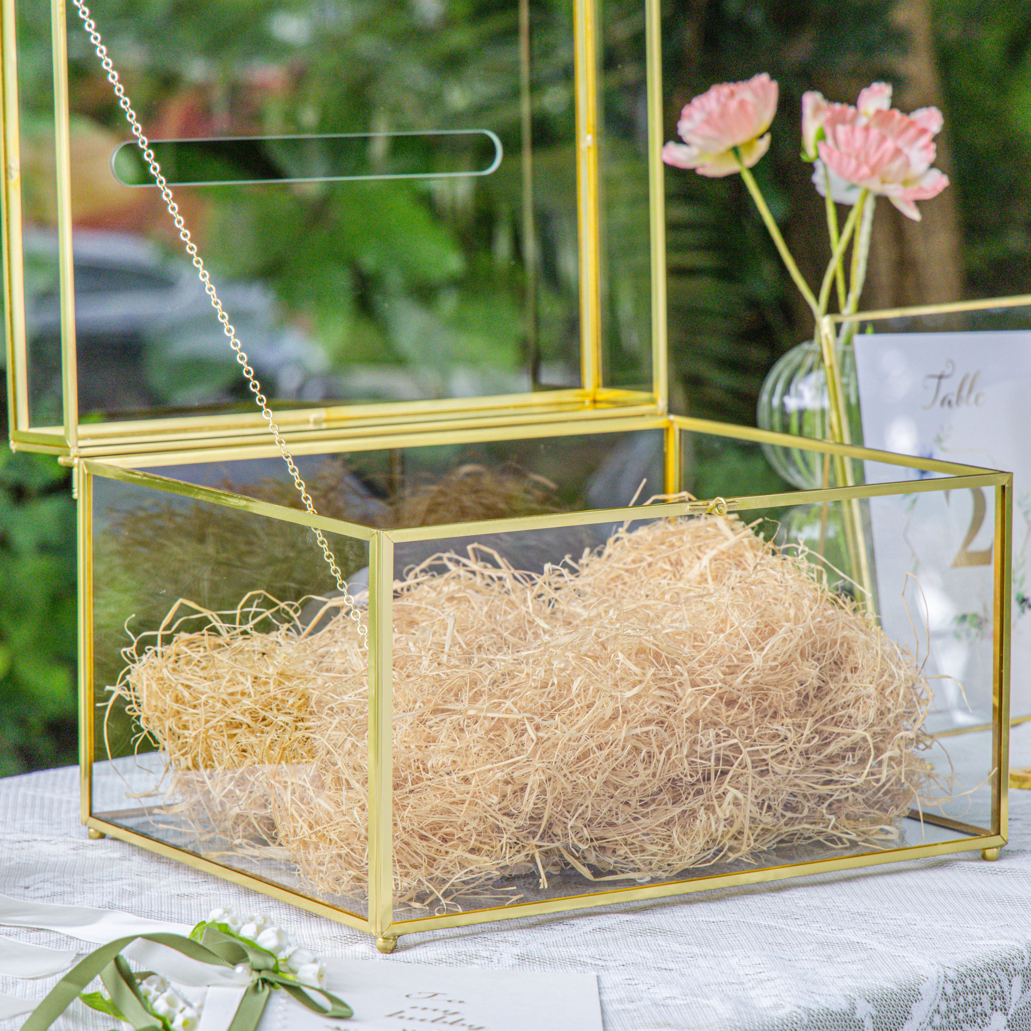 Handmade 12" Large Gold Rectangle Geometric Glass Card Box with Slot Lock for Keepsake, Wedding Reception, Postbox - NCYPgarden