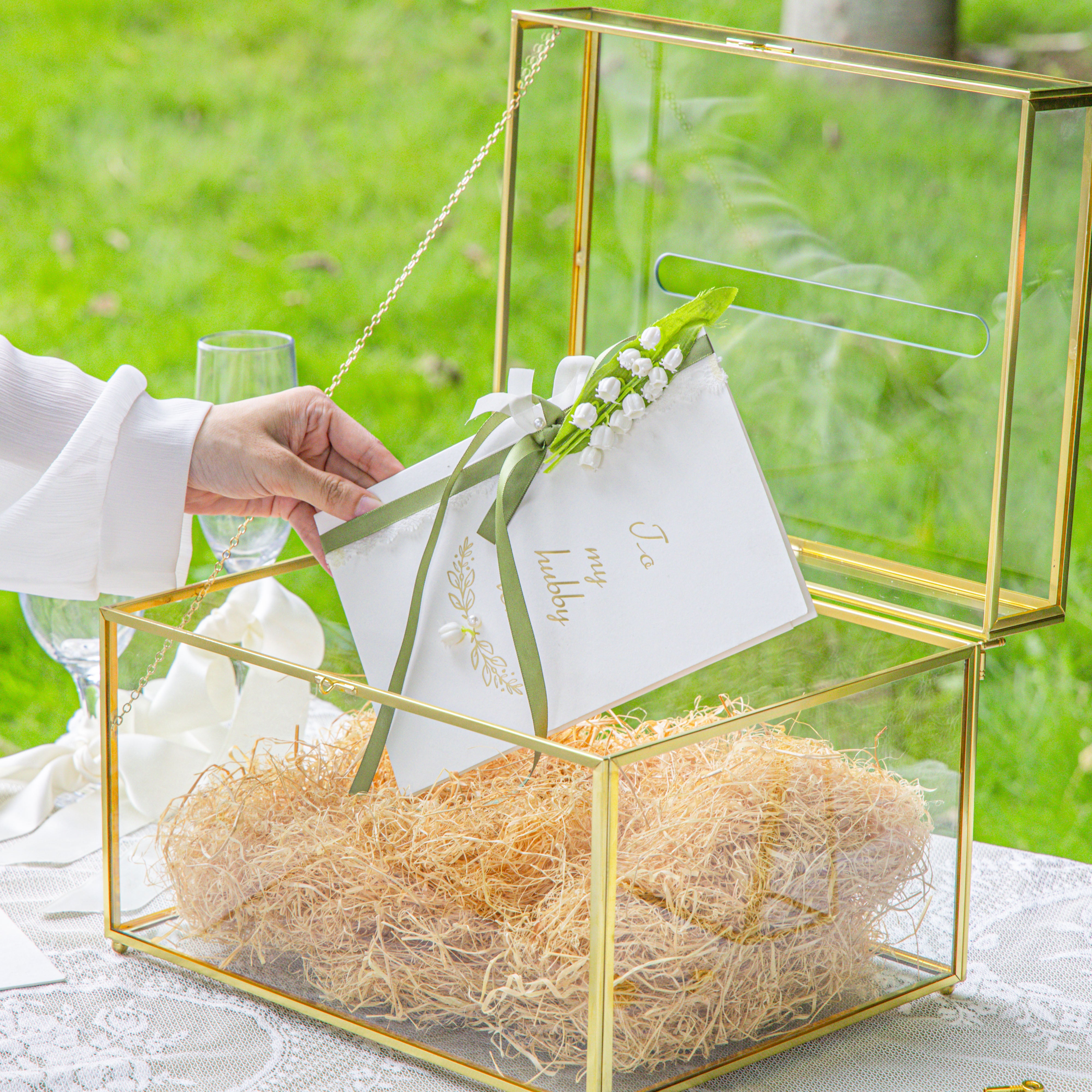Handmade 12" Large Gold Rectangle Geometric Glass Card Box with Slot Lock for Keepsake, Wedding Reception, Postbox - NCYPgarden