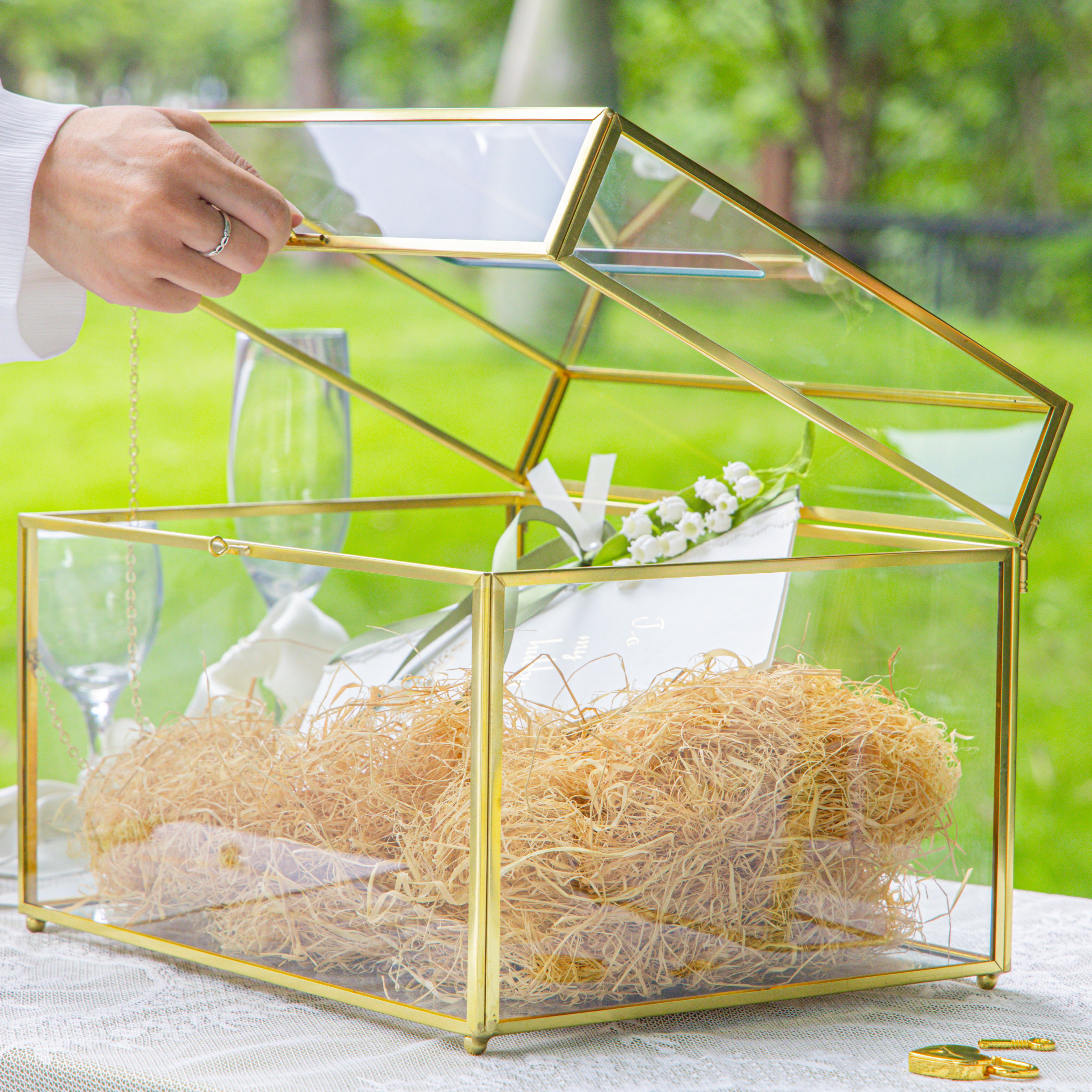 Handmade 12" Large Gold Rectangle Geometric Glass Card Box with Slot Lock for Keepsake, Wedding Reception, Postbox - NCYPgarden