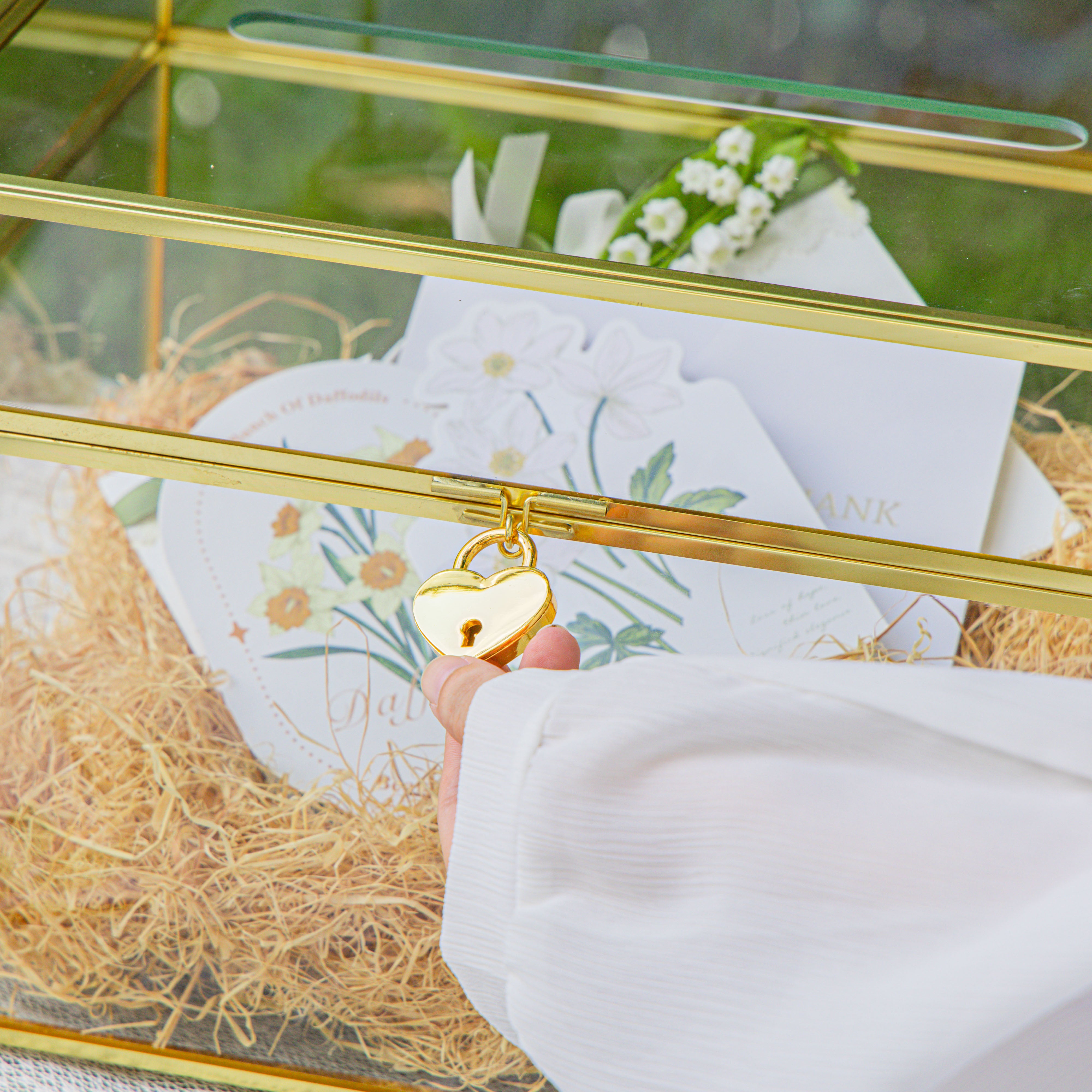 Handmade 12" Large Gold Rectangle Geometric Glass Card Box with Slot Lock for Keepsake, Wedding Reception, Postbox - NCYPgarden