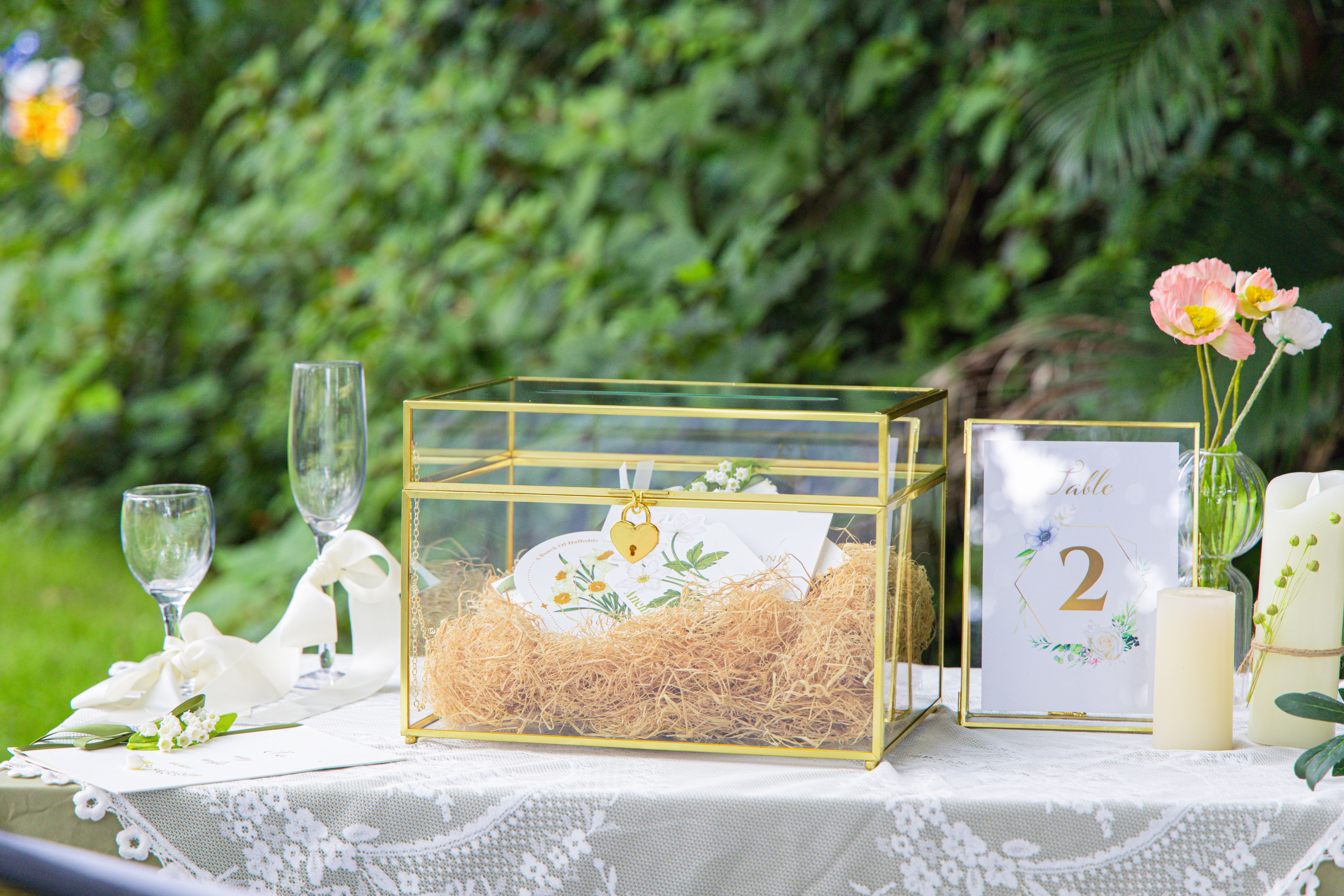 Handmade 12" Large Gold Rectangle Geometric Glass Card Box with Slot Lock for Keepsake, Wedding Reception, Postbox - NCYPgarden