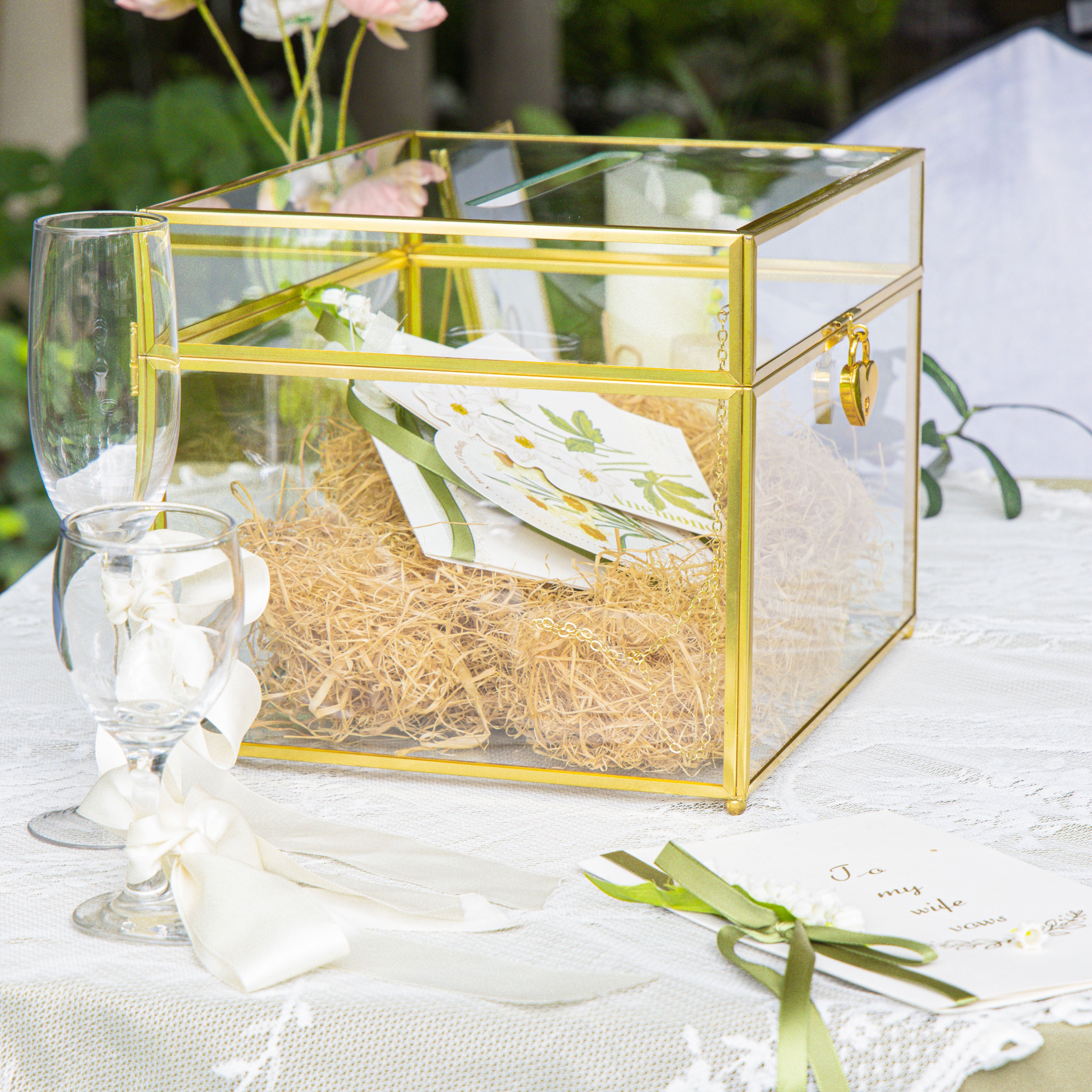 Handmade 12" Large Gold Rectangle Geometric Glass Card Box with Slot Lock for Keepsake, Wedding Reception, Postbox - NCYPgarden