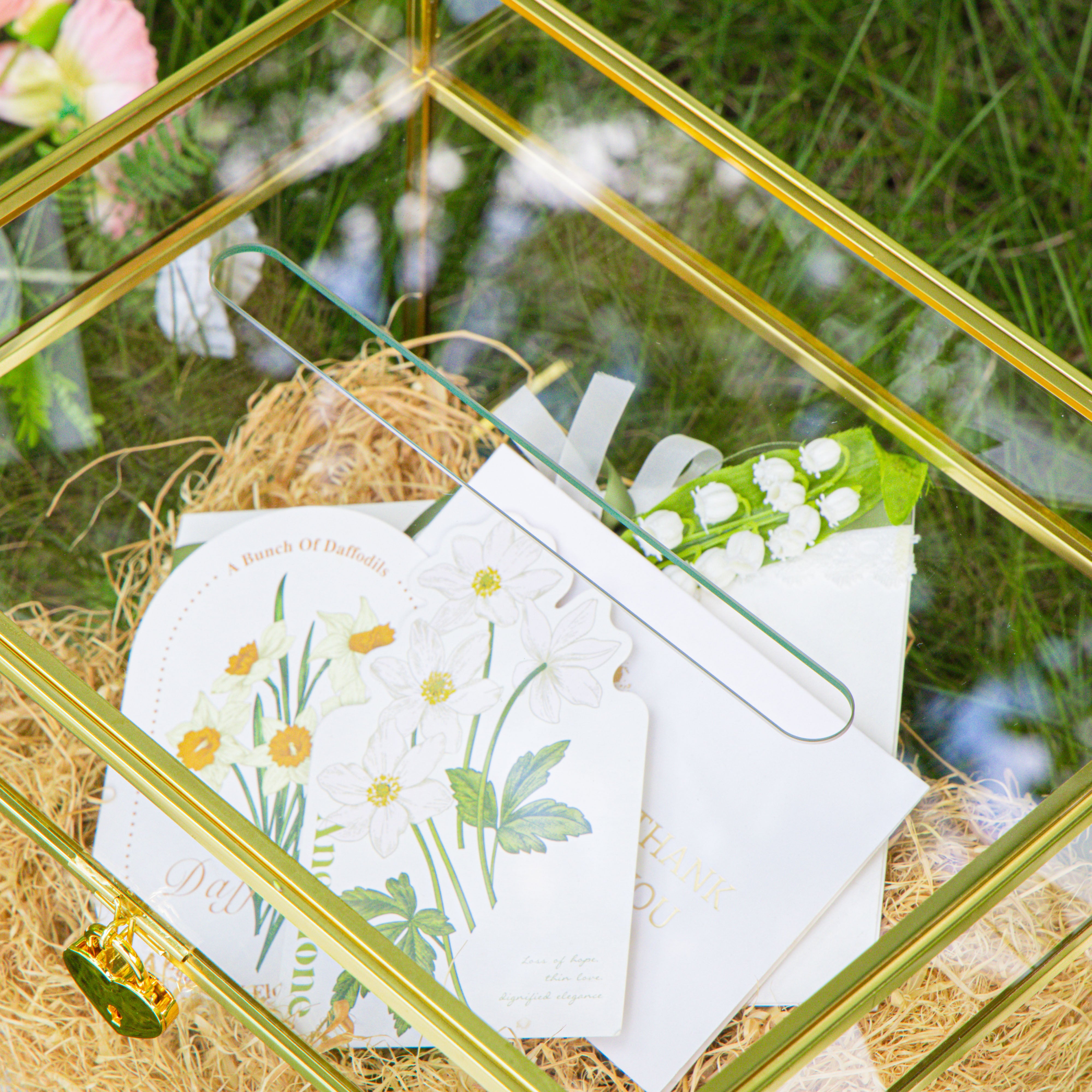 Handmade 12" Large Gold Rectangle Geometric Glass Card Box with Slot Lock for Keepsake, Wedding Reception, Postbox - NCYPgarden