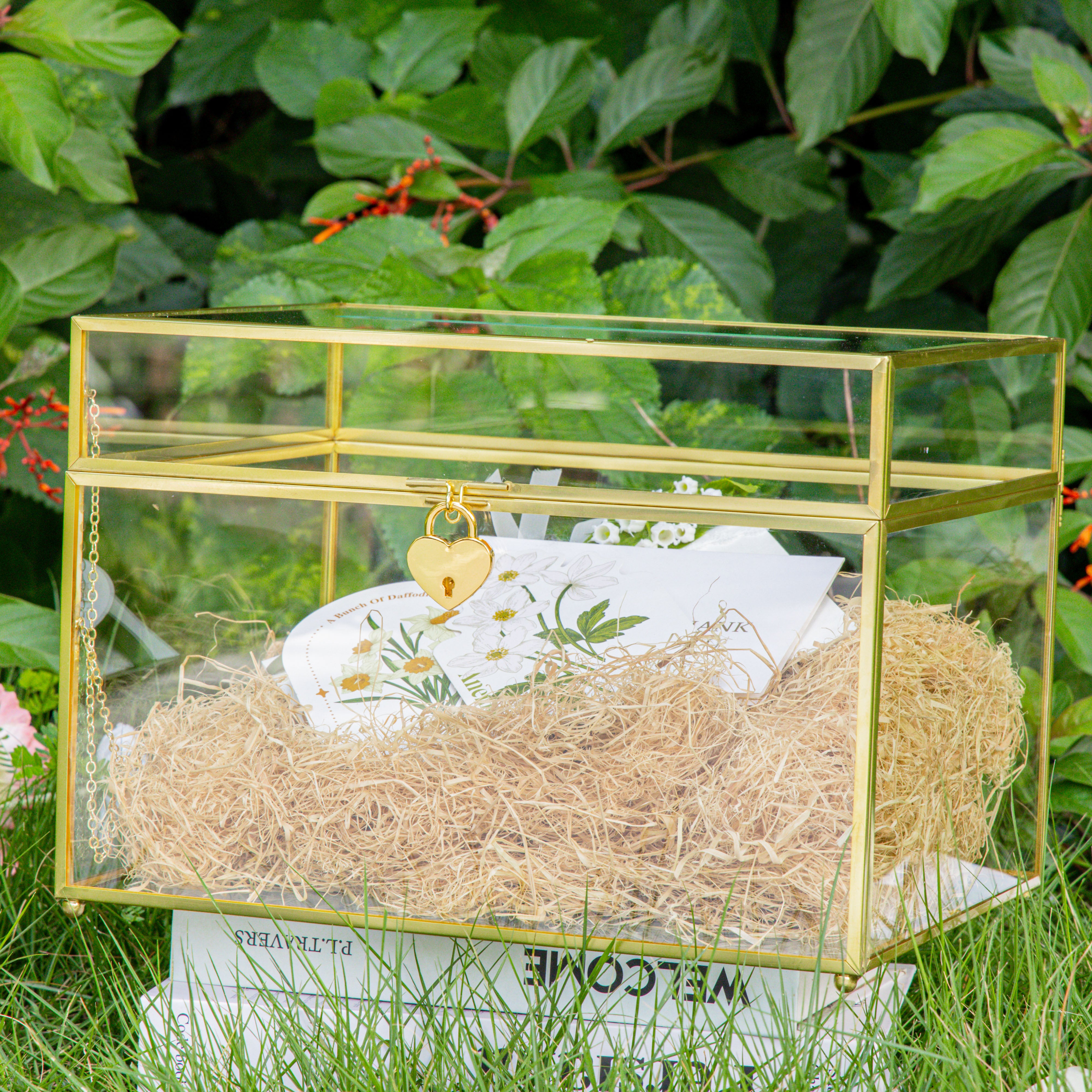 Handmade 12" Large Gold Rectangle Geometric Glass Card Box with Slot Lock for Keepsake, Wedding Reception, Postbox - NCYPgarden