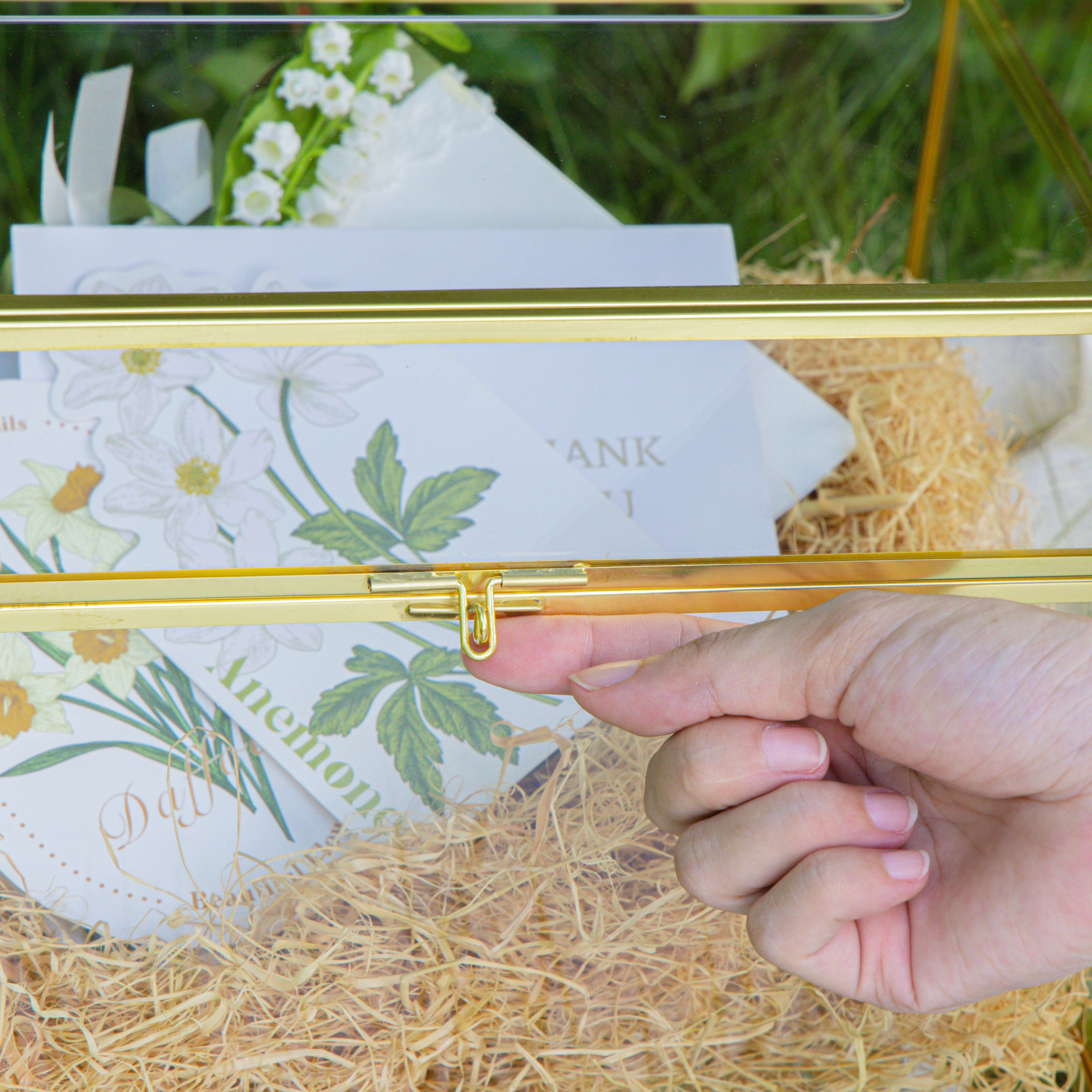 Handmade 12" Large Gold Rectangle Geometric Glass Card Box with Slot Lock for Keepsake, Wedding Reception, Postbox - NCYPgarden