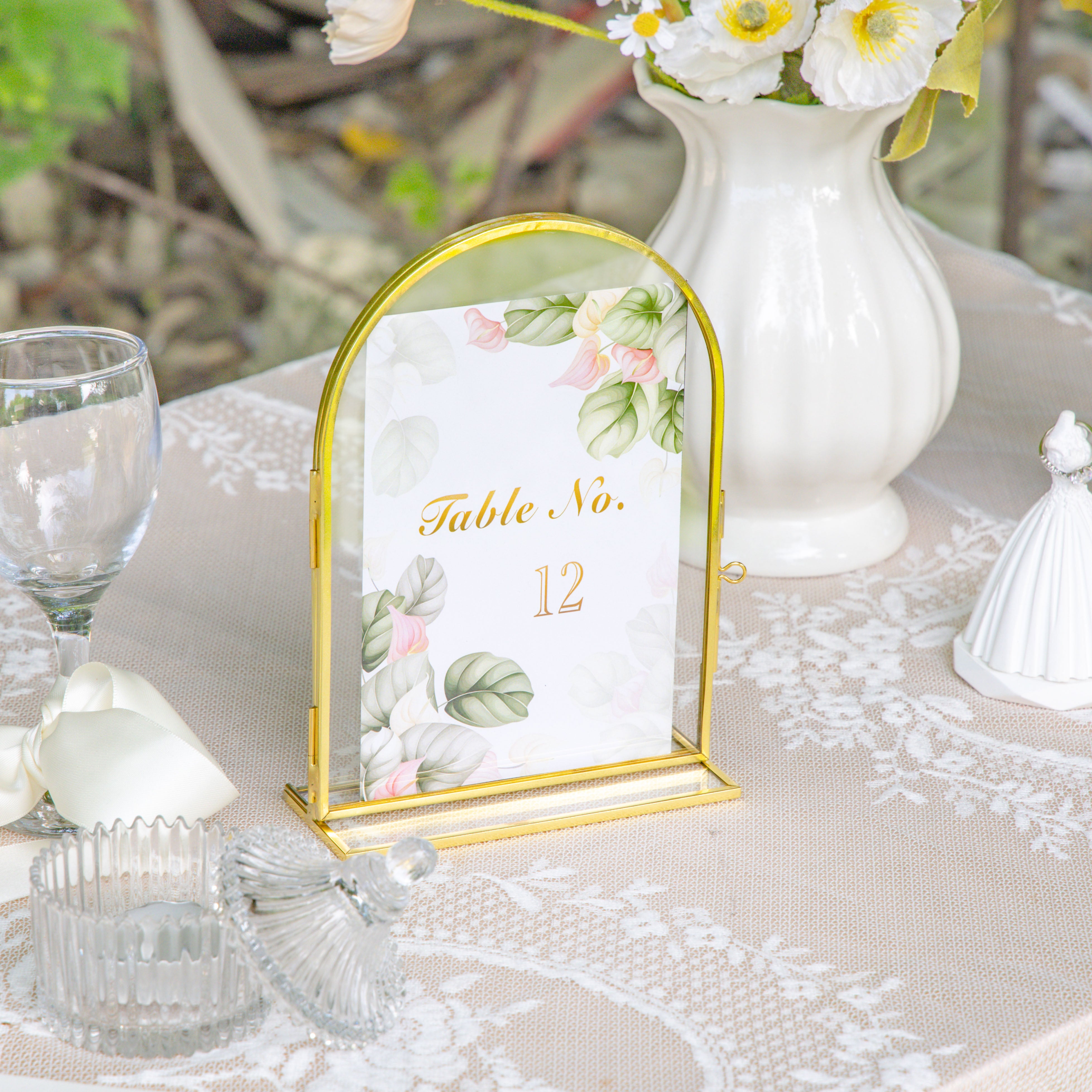 5x7'' Arched Brass and Double Glass Frame,  for Pressed Flowers, Table Number Holder - NCYPgarden