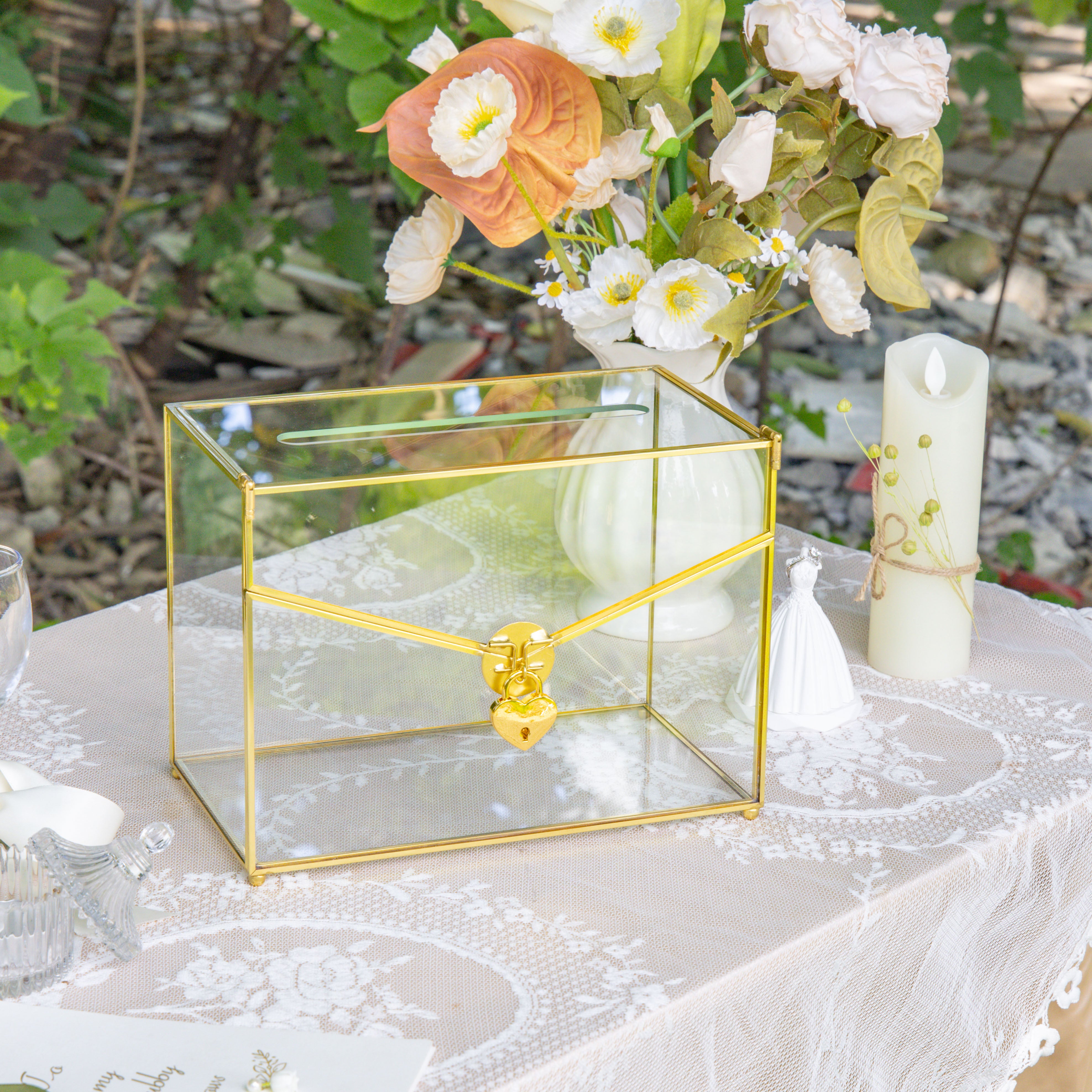Handmade Envelope Shape Geometric Glass Wedding Card Box Terrarium with Slot, Heart Lock Key - NCYPgarden