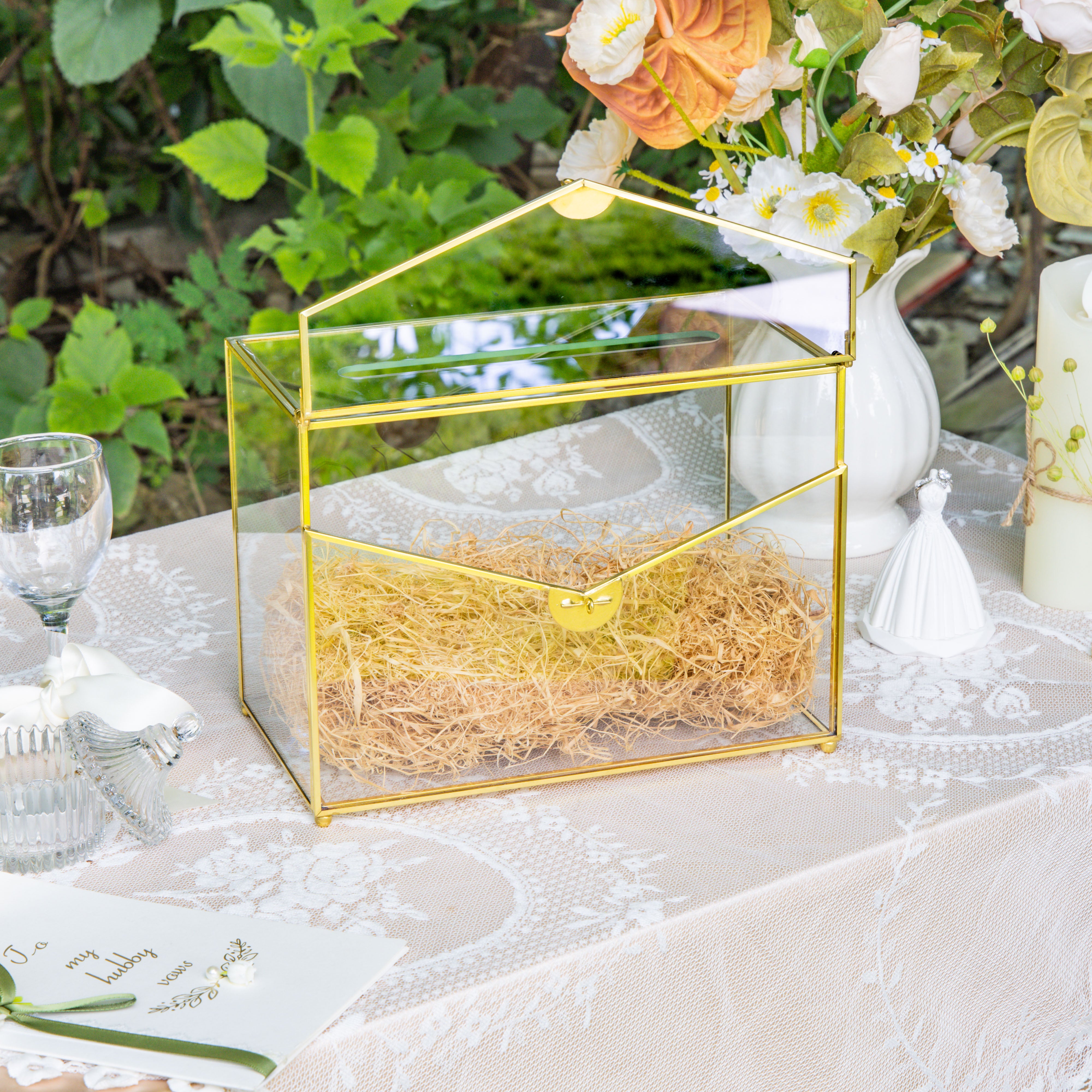 Handmade Envelope Shape Geometric Glass Wedding Card Box Terrarium with Slot, Heart Lock Key - NCYPgarden