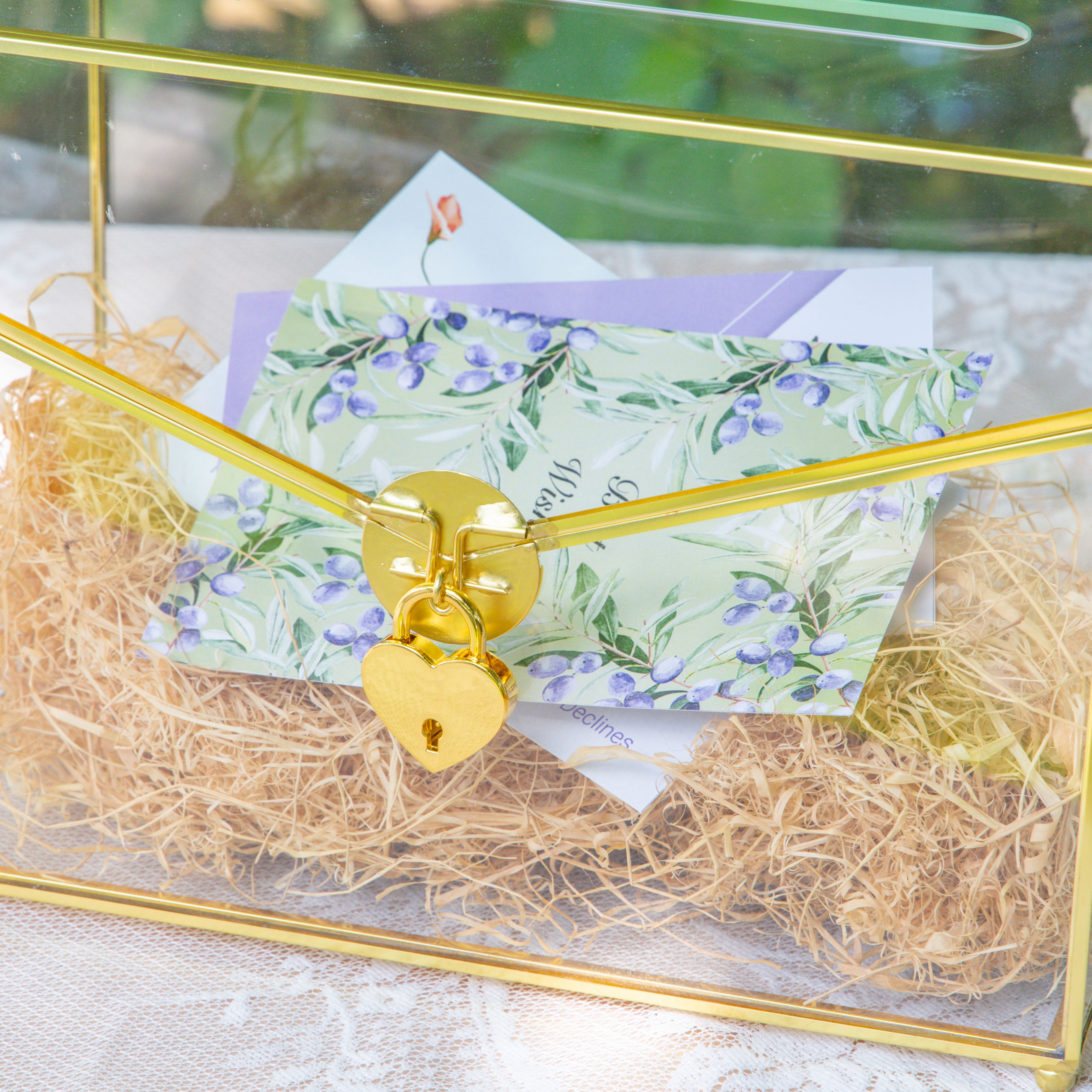 Handmade Envelope Shape Geometric Glass Wedding Card Box Terrarium with Slot, Heart Lock Key - NCYPgarden