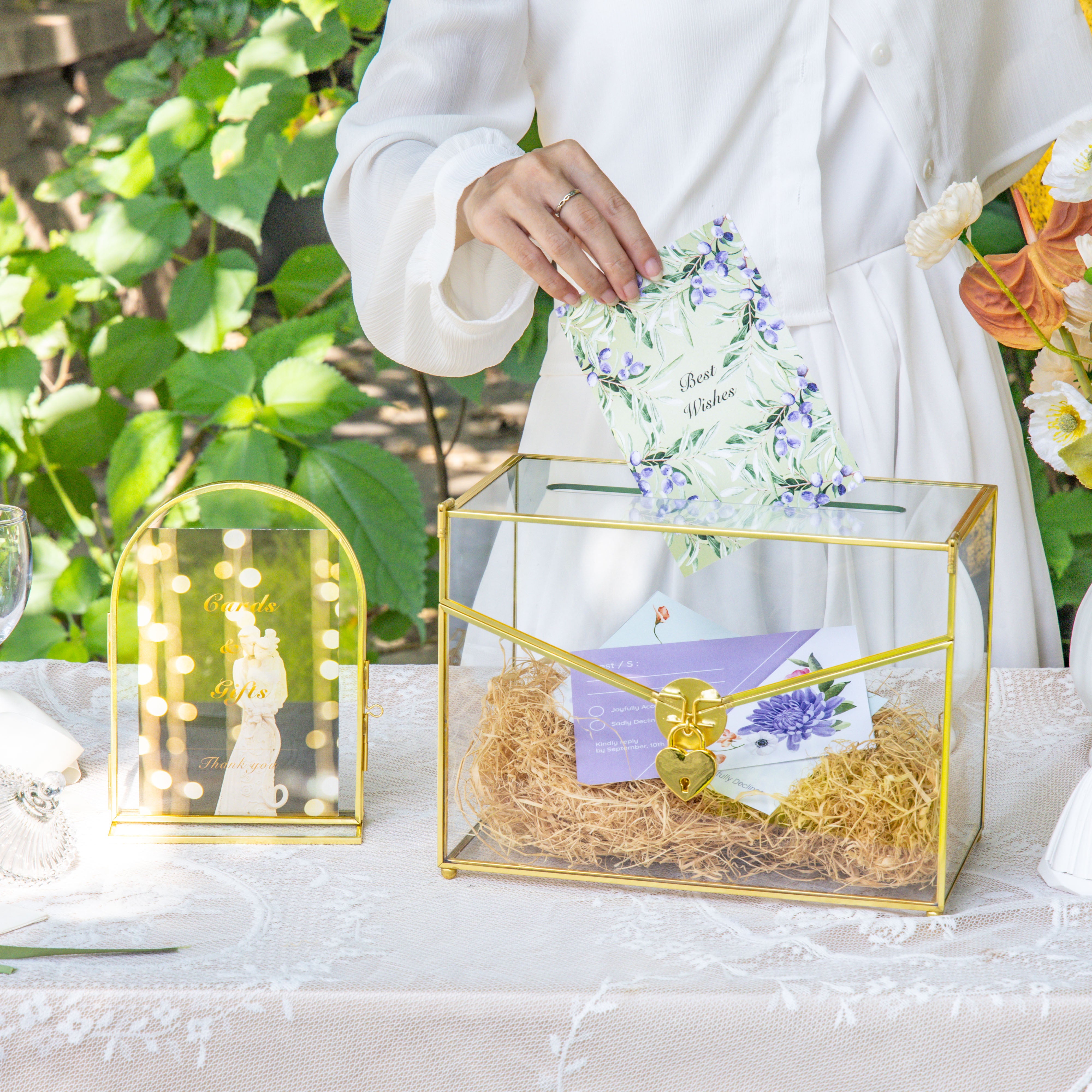 Handmade Envelope Shape Geometric Glass Wedding Card Box Terrarium with Slot, Heart Lock Key - NCYPgarden
