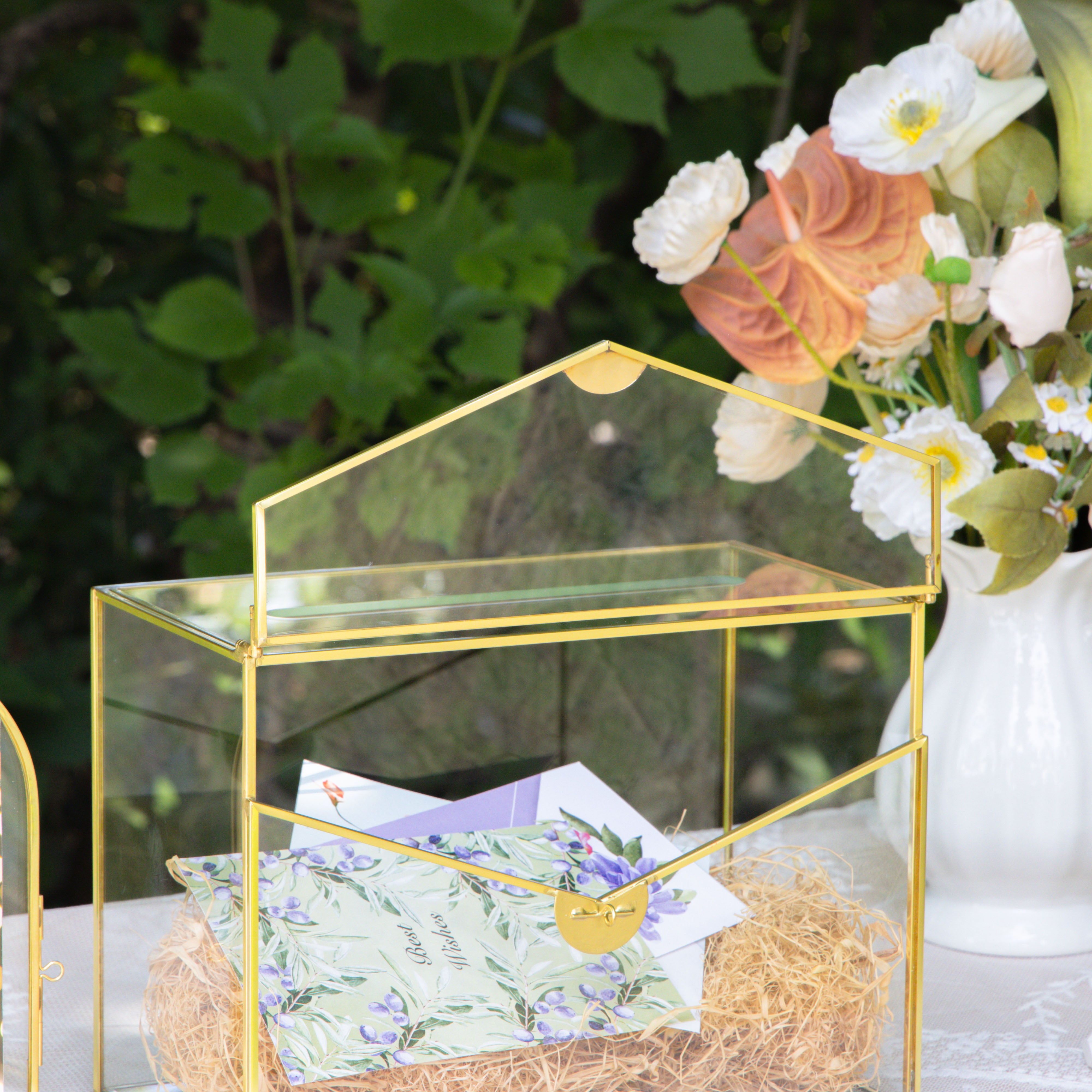 Handmade Envelope Shape Geometric Glass Wedding Card Box Terrarium with Slot, Heart Lock Key - NCYPgarden