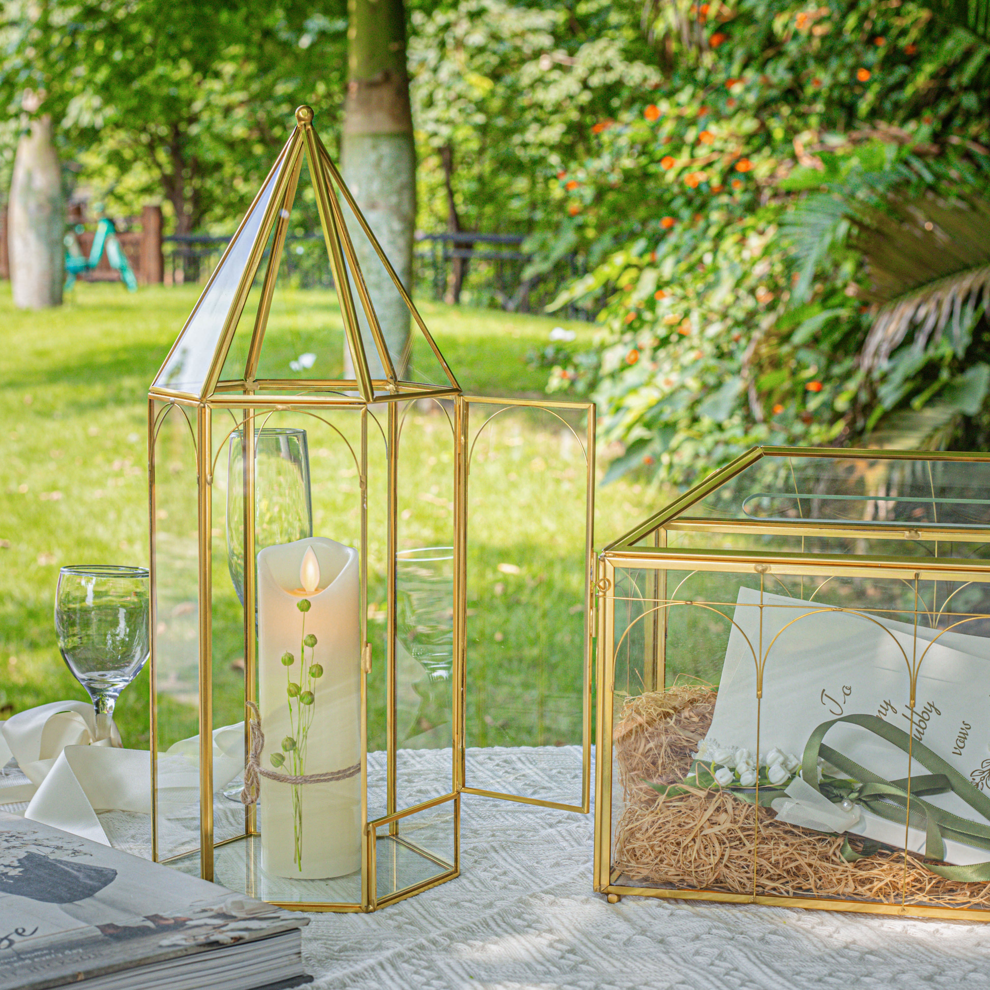 Handmade Gold Tall Tower Terrarium Glass Box for Ribbon Wands, Pens, Cancel Holder for Wedding, Reception, Wishing Well, Bridal Shower - NCYPgarden