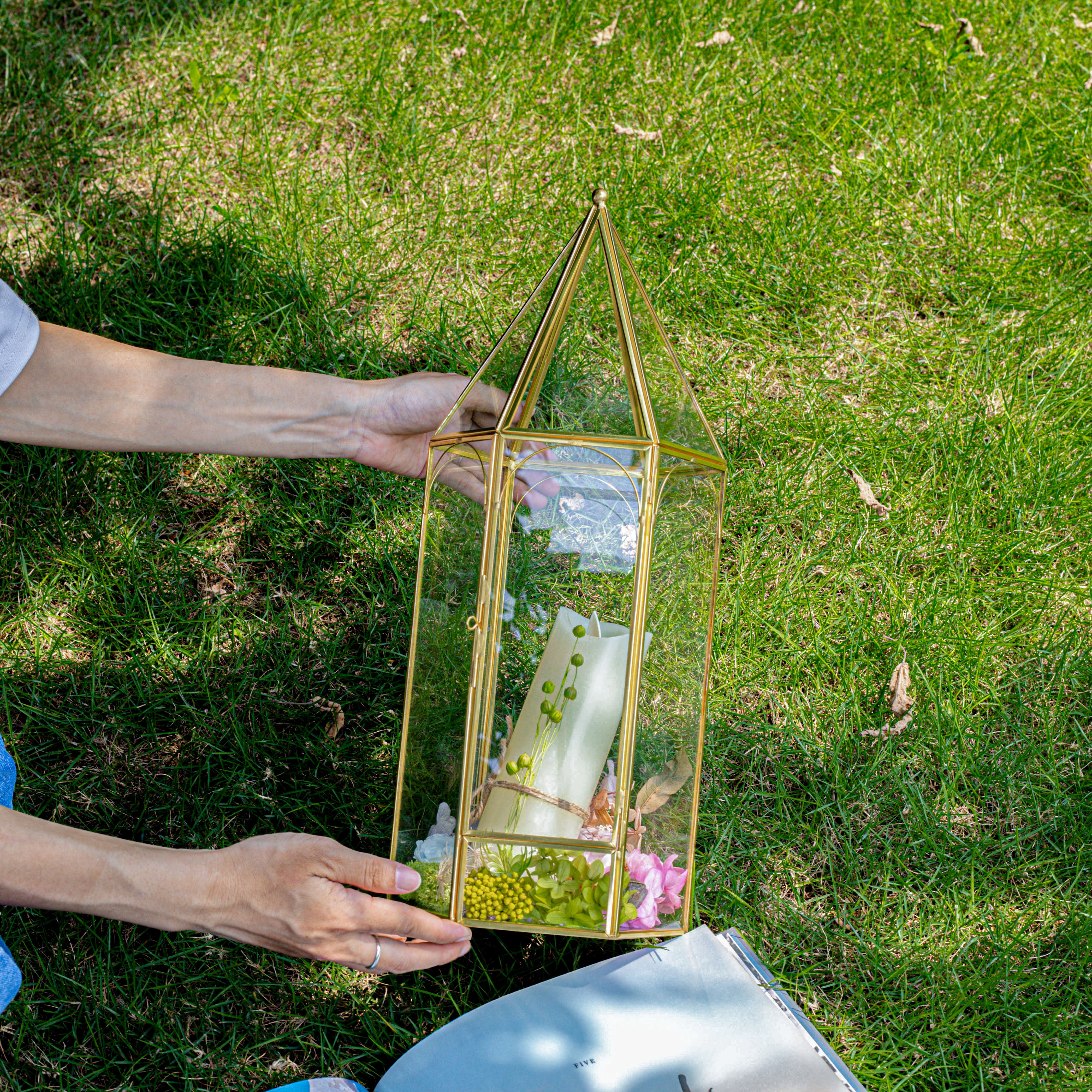 Handmade Gold Tall Tower Terrarium Glass Box for Ribbon Wands, Pens, Cancel Holder for Wedding, Reception, Wishing Well, Bridal Shower - NCYPgarden