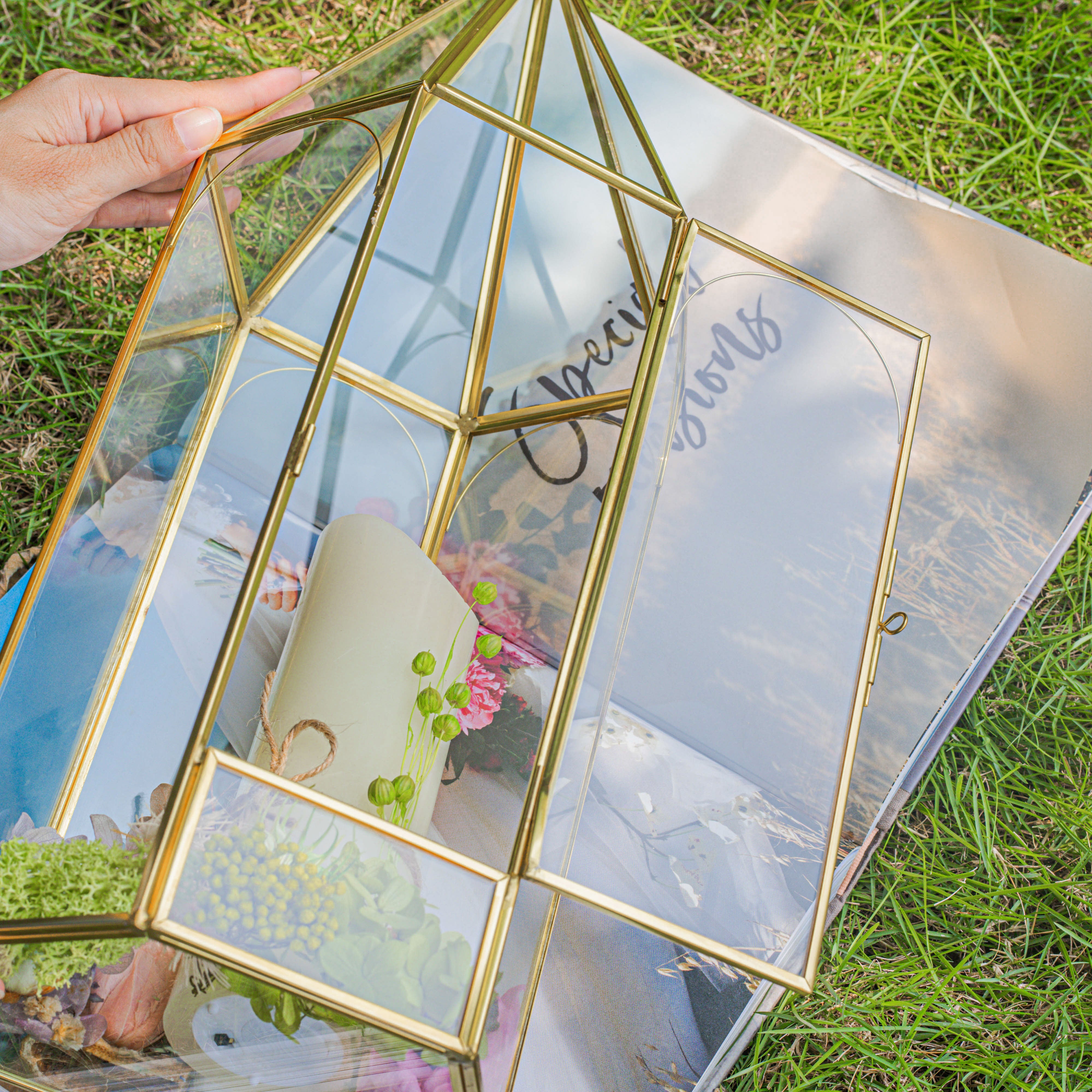 Handmade Gold Tall Tower Terrarium Glass Box for Ribbon Wands, Pens, Cancel Holder for Wedding, Reception, Wishing Well, Bridal Shower - NCYPgarden