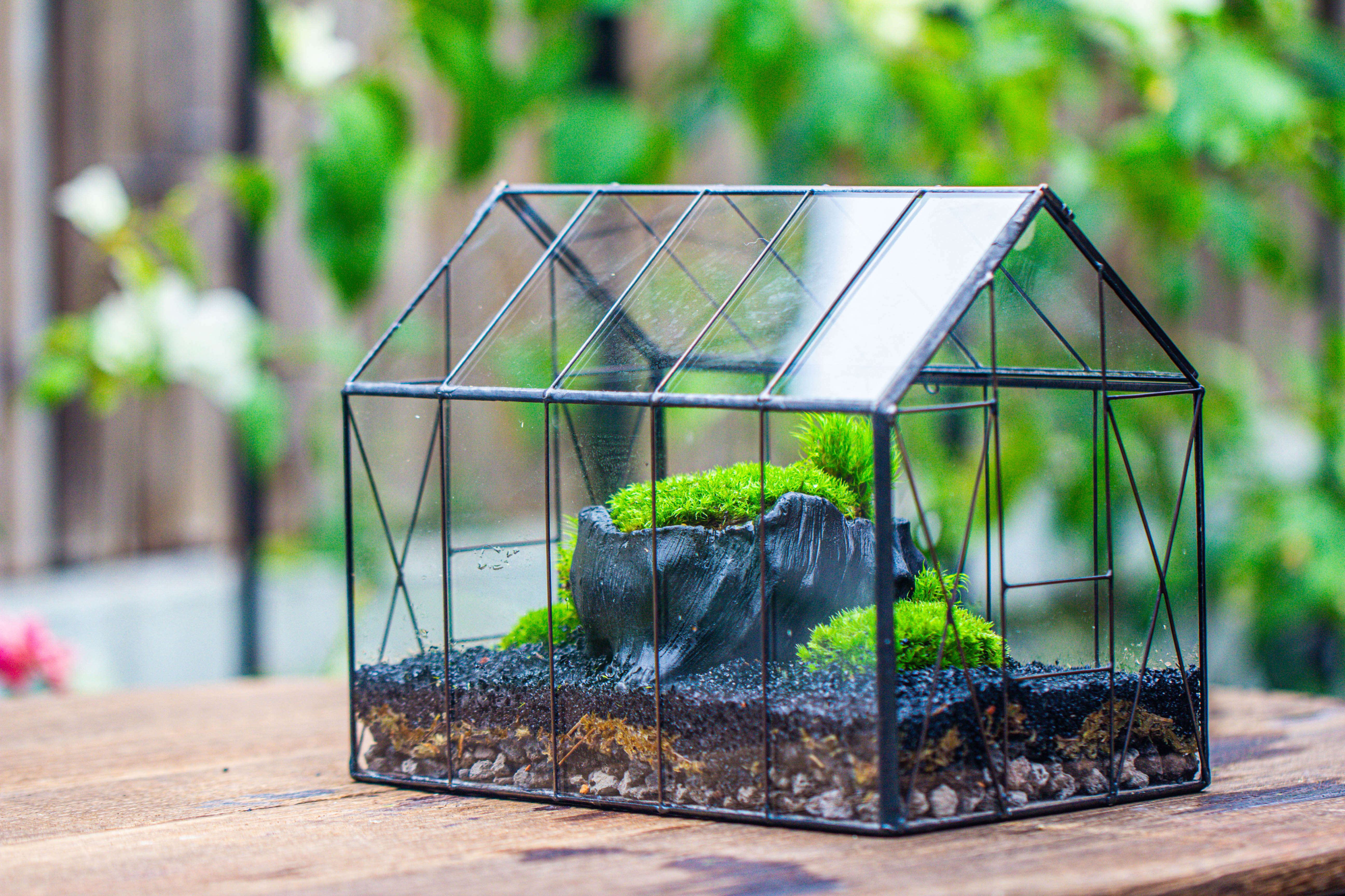 Handmade Vintage Greenhouse Inspired Tin Terrarium with LED Grow Light Set, Closed Glass Planter Set - NCYPgarden