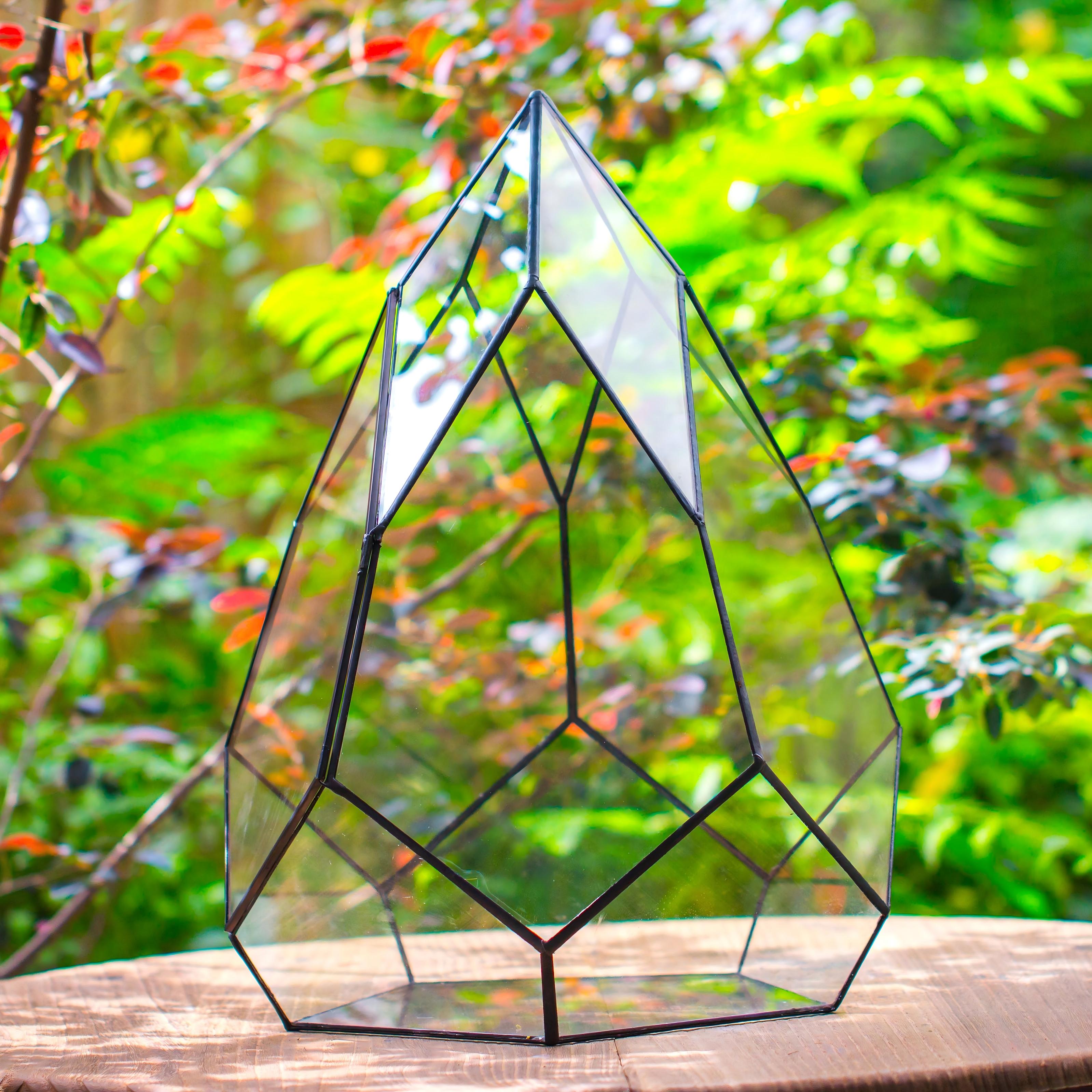 Large 16" tall and wide teardrop tin and glass terrarium, close, with door - NCYPgarden