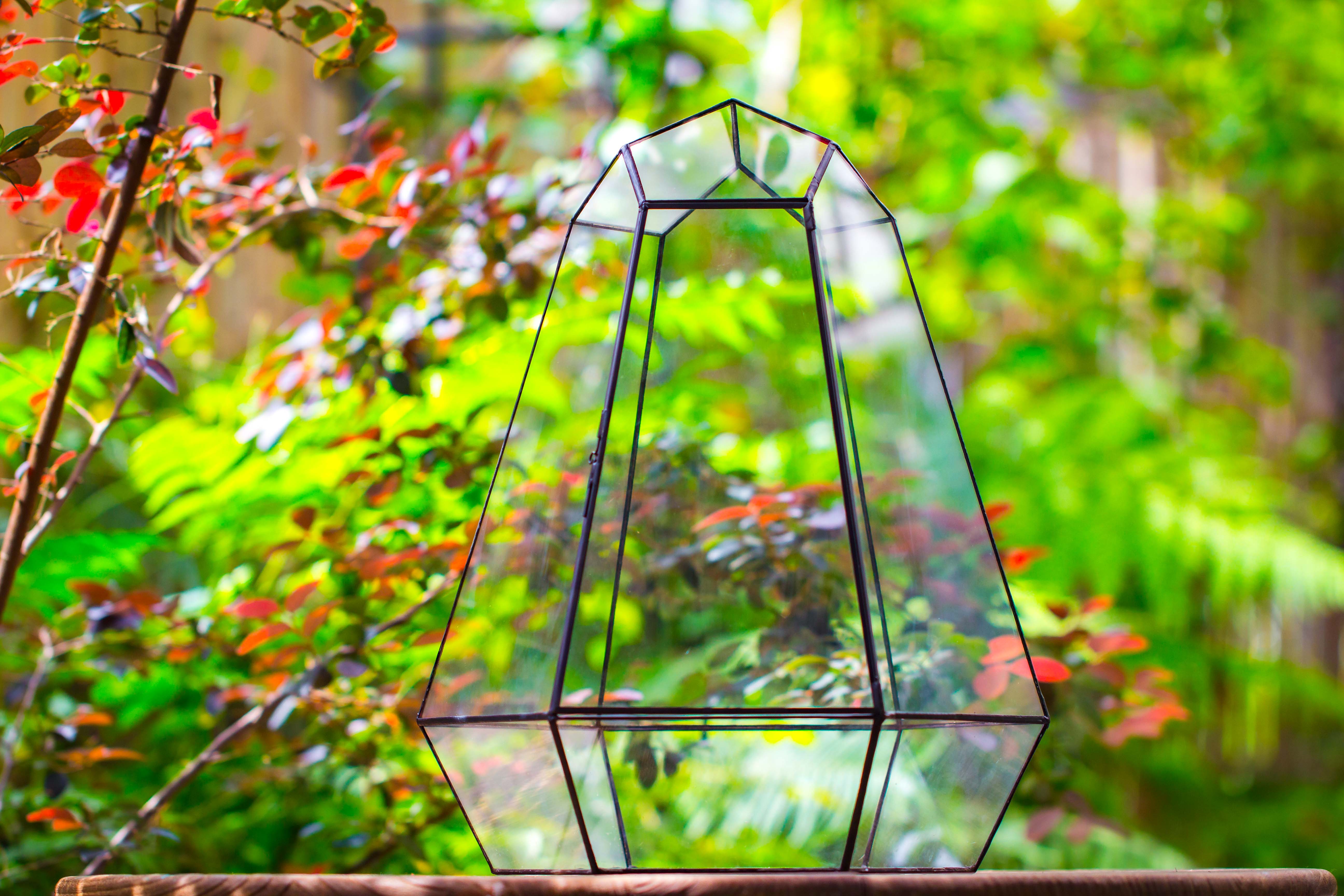 Large 16" tall and wide 6 sided cone tin and glass terrarium, close, with door - NCYPgarden