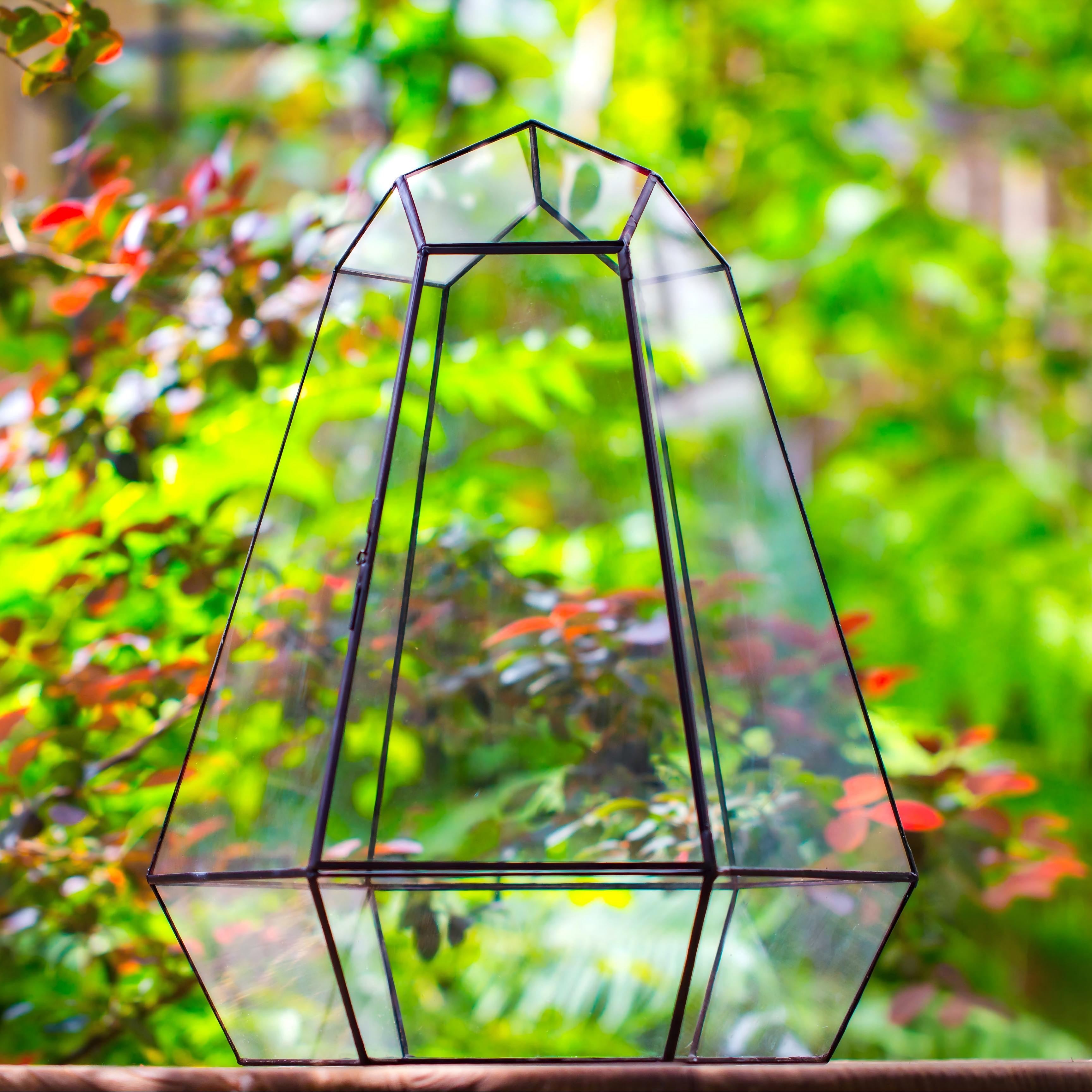 Large 16" tall and wide 6 sided cone tin and glass terrarium, close, with door - NCYPgarden