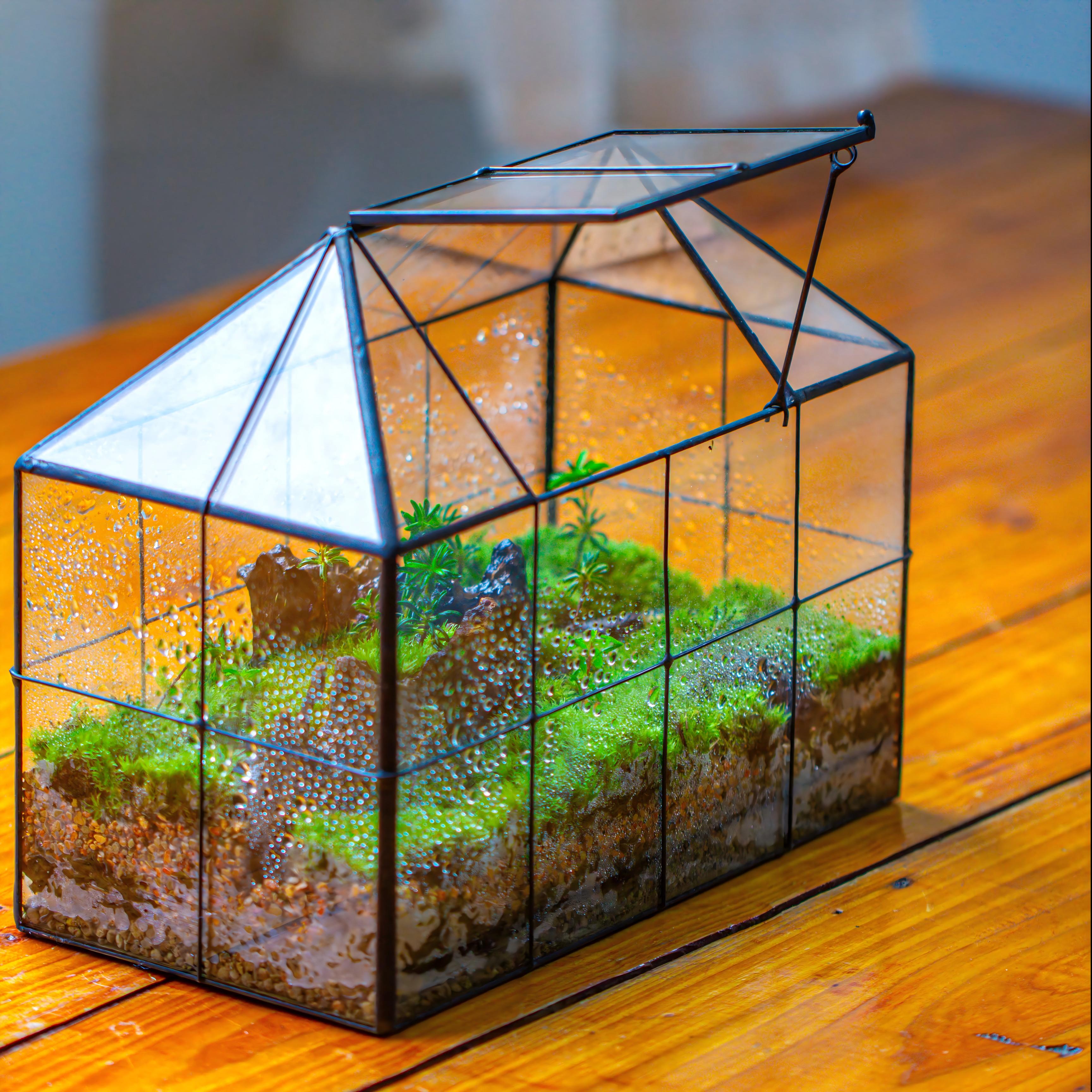 NCYP Glass Geometric Terrarium Tin-Sealed Brass Black House Shape Container with Grid and Swing Lid - NCYPgarden