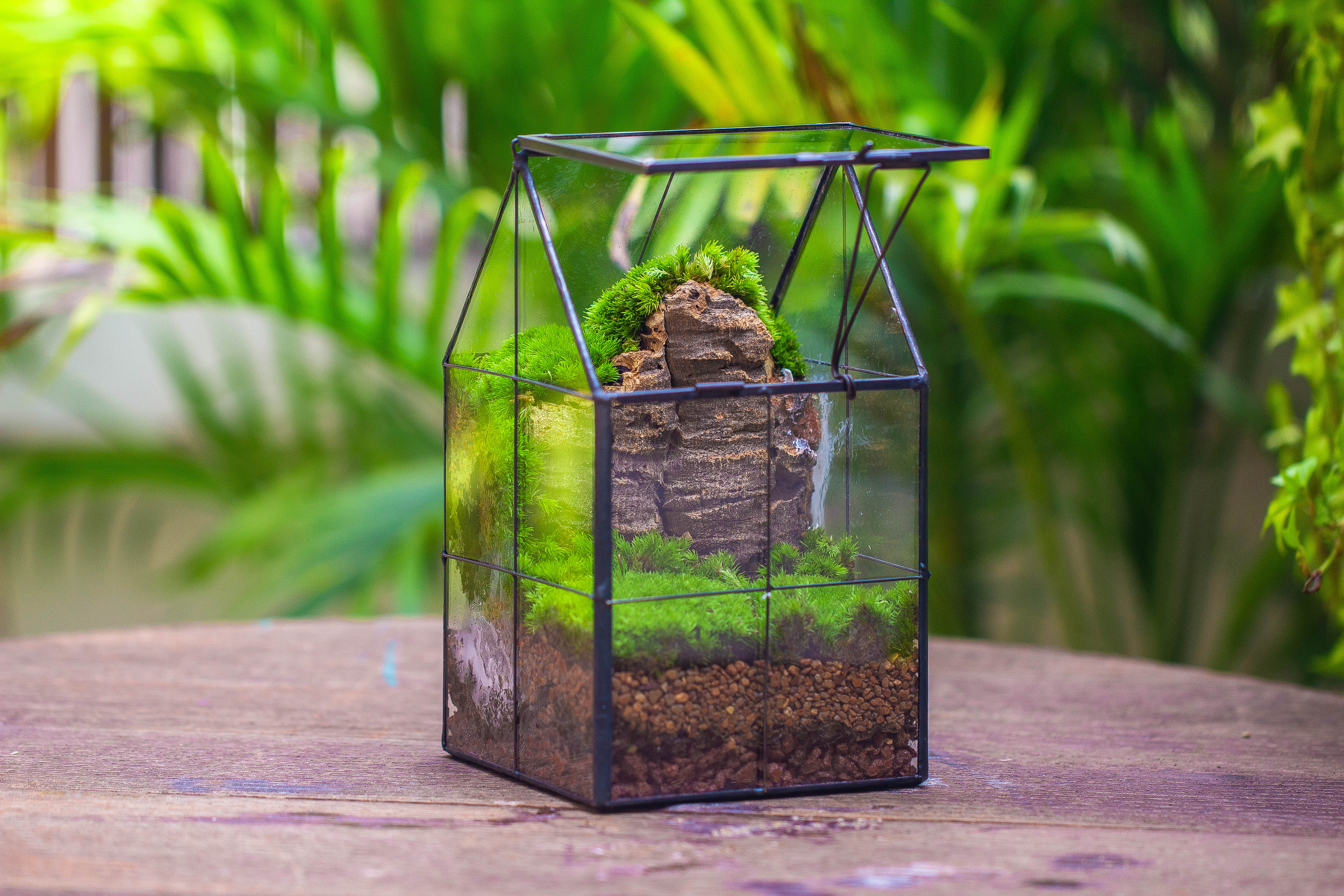 Handmade glass and tin close highe mini house shape close geometric terrarium for moss, succulents, Drosera - NCYPgarden