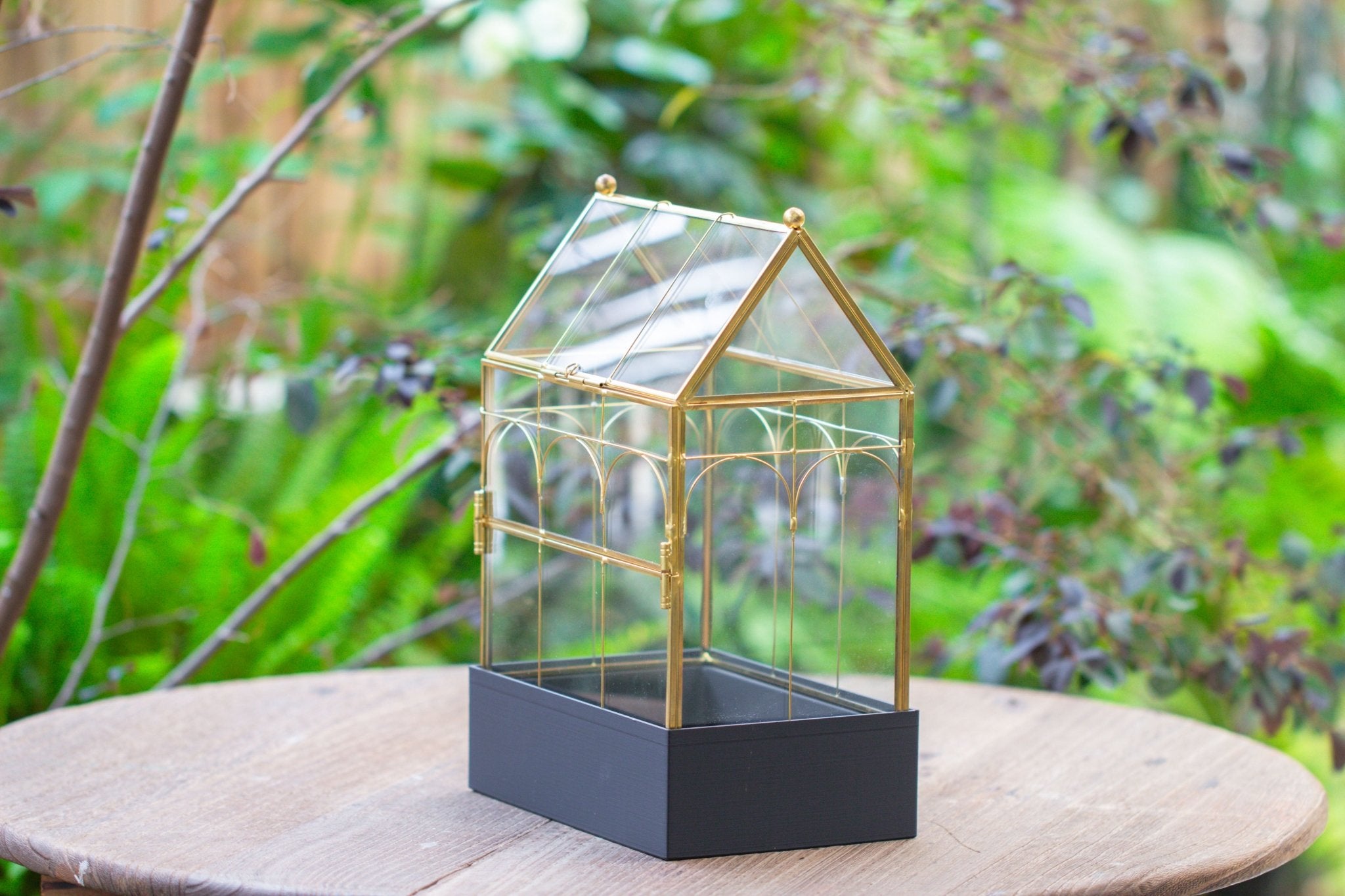 11” Gold Victorian Greenhouse Glass Terrarium with Water - Holding Base and Side Door - NCYPgarden