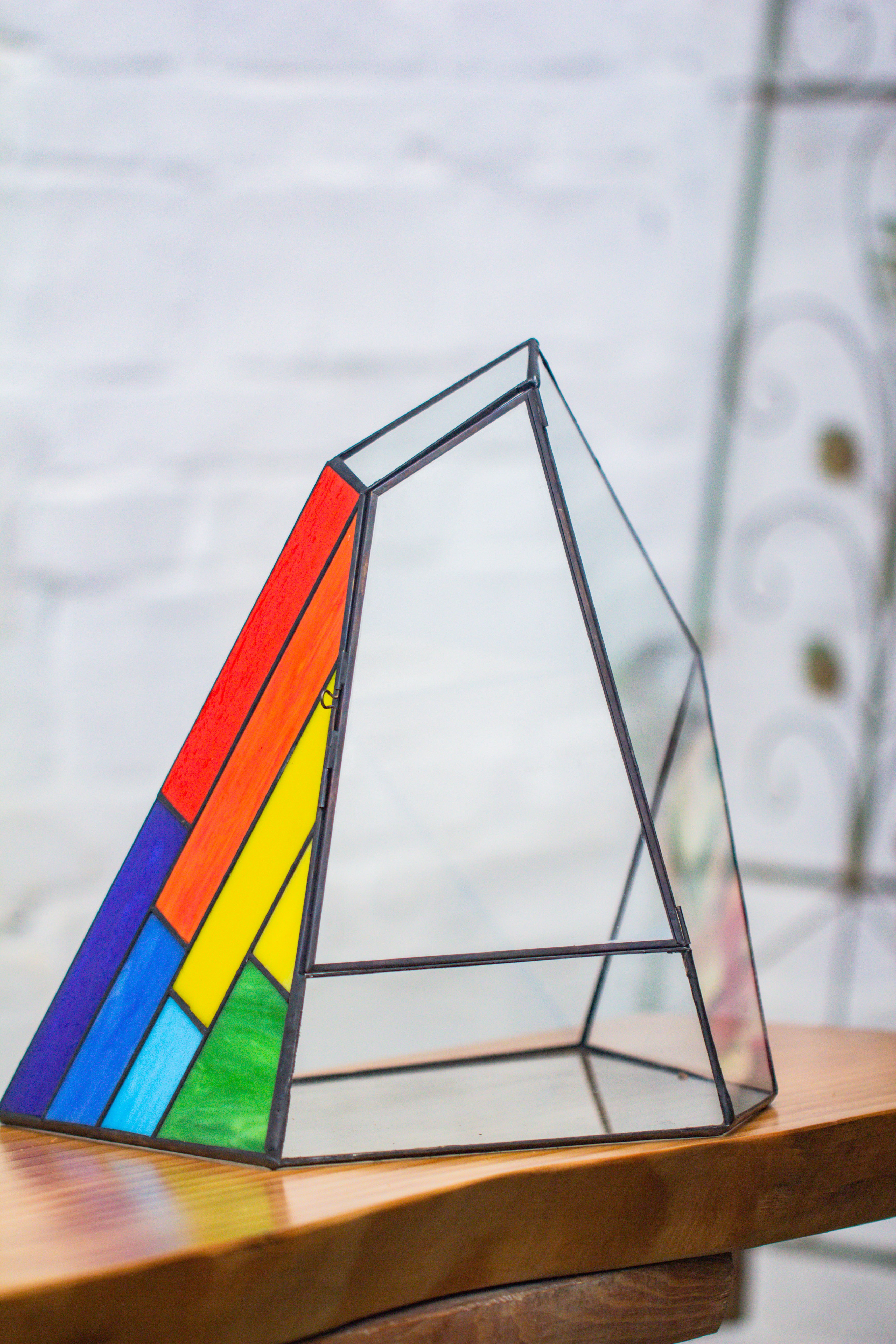 Rainbow Stained Glass Irregular Geometric Ice Peak  Shape Terrarium, Close - NCYPgarden