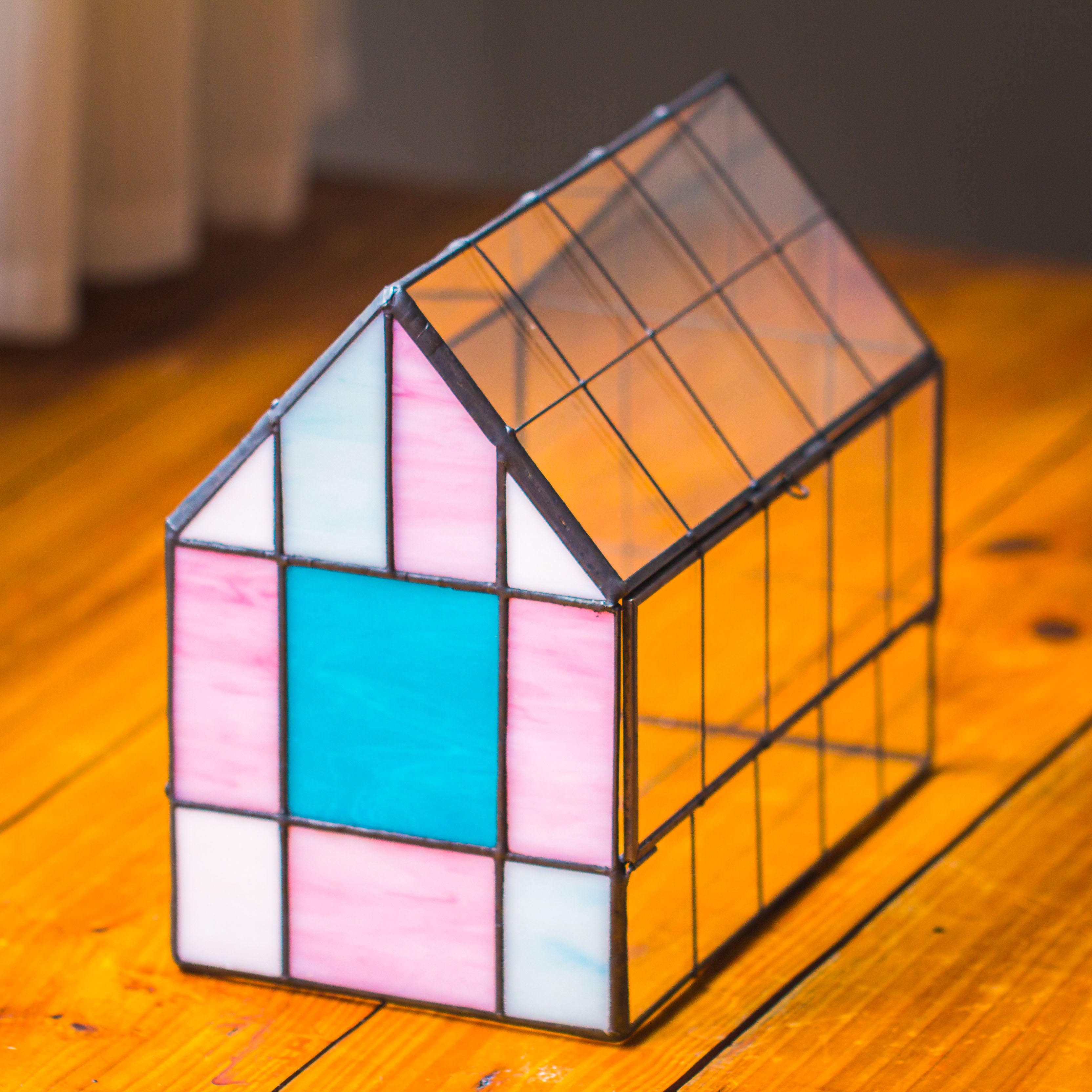 Blue Pink White  Stained Glass House Shape Geometric Terrarium, Vintage Style, Close - NCYPgarden