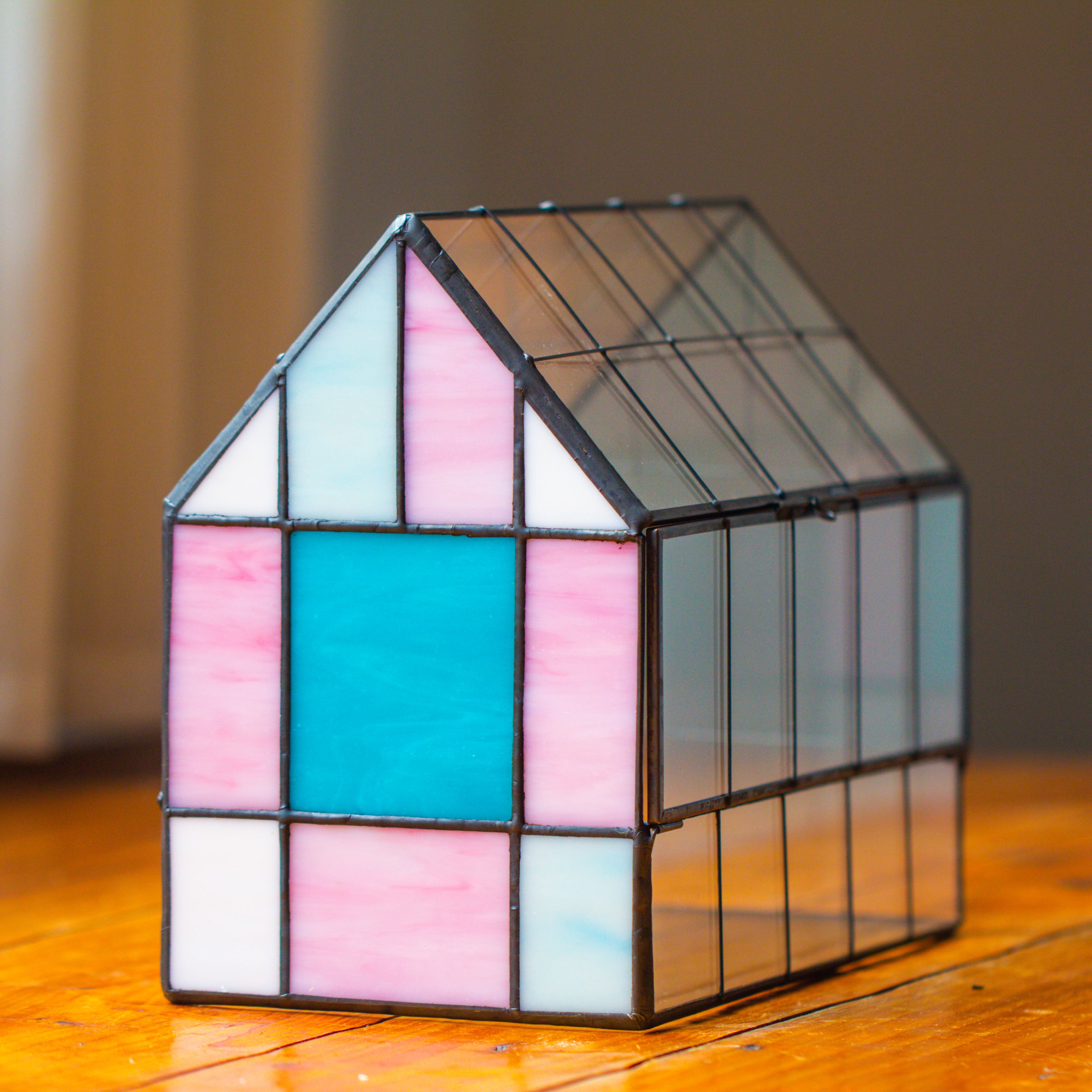 Blue Pink White  Stained Glass House Shape Geometric Terrarium, Vintage Style, Close - NCYPgarden