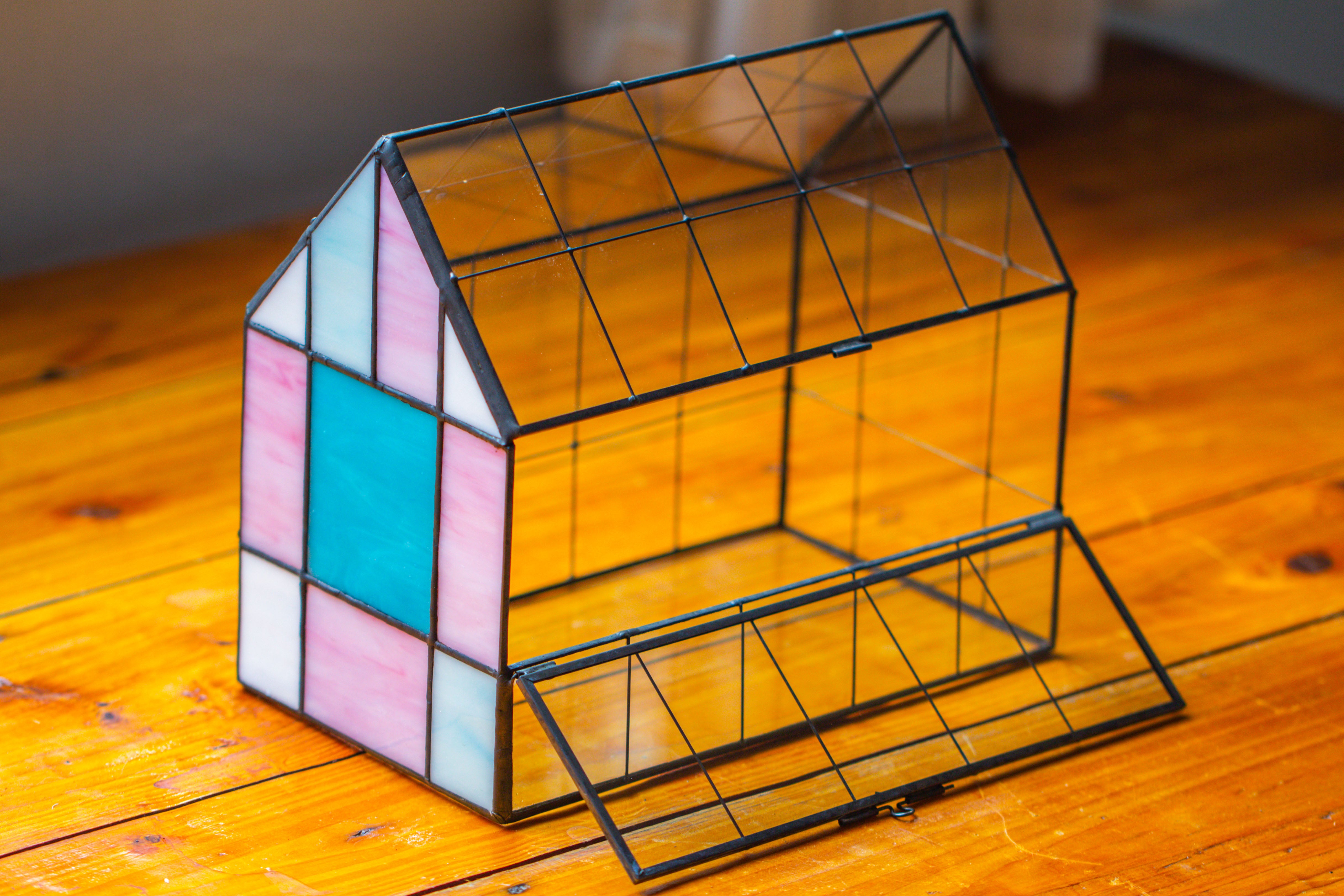 Blue Pink White  Stained Glass House Shape Geometric Terrarium, Vintage Style, Close - NCYPgarden