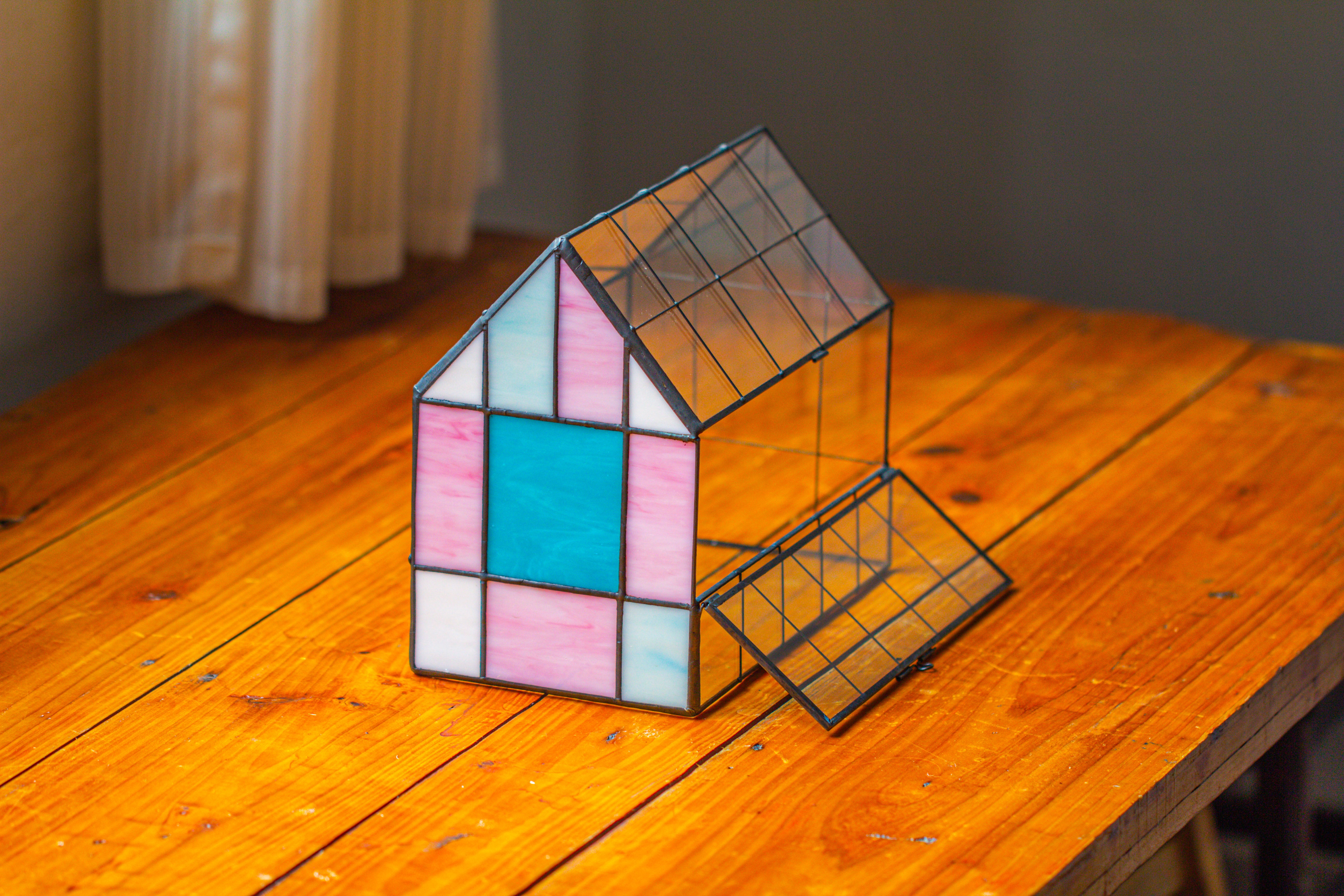 Blue Pink White  Stained Glass House Shape Geometric Terrarium, Vintage Style, Close - NCYPgarden