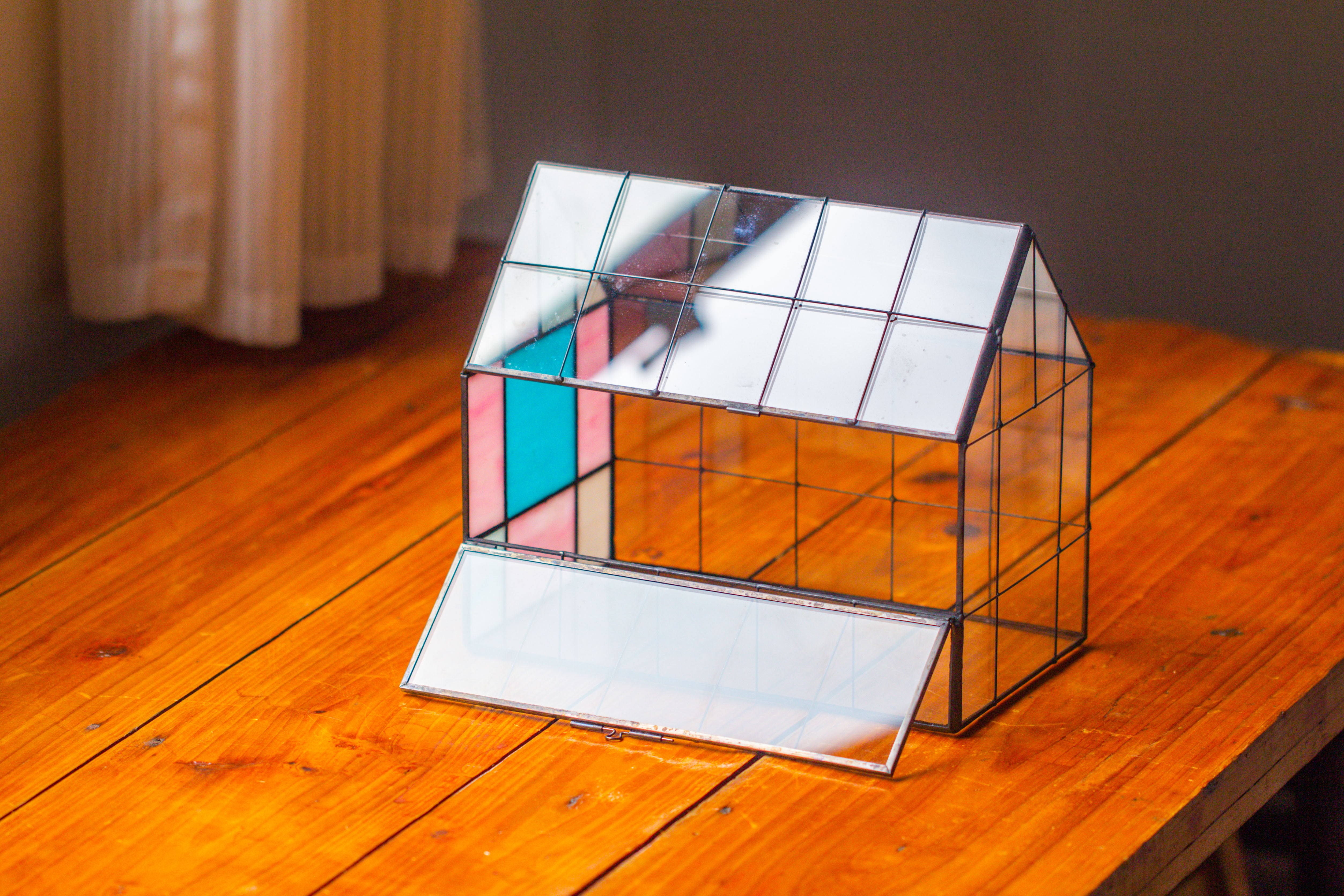 Blue Pink White  Stained Glass House Shape Geometric Terrarium, Vintage Style, Close - NCYPgarden