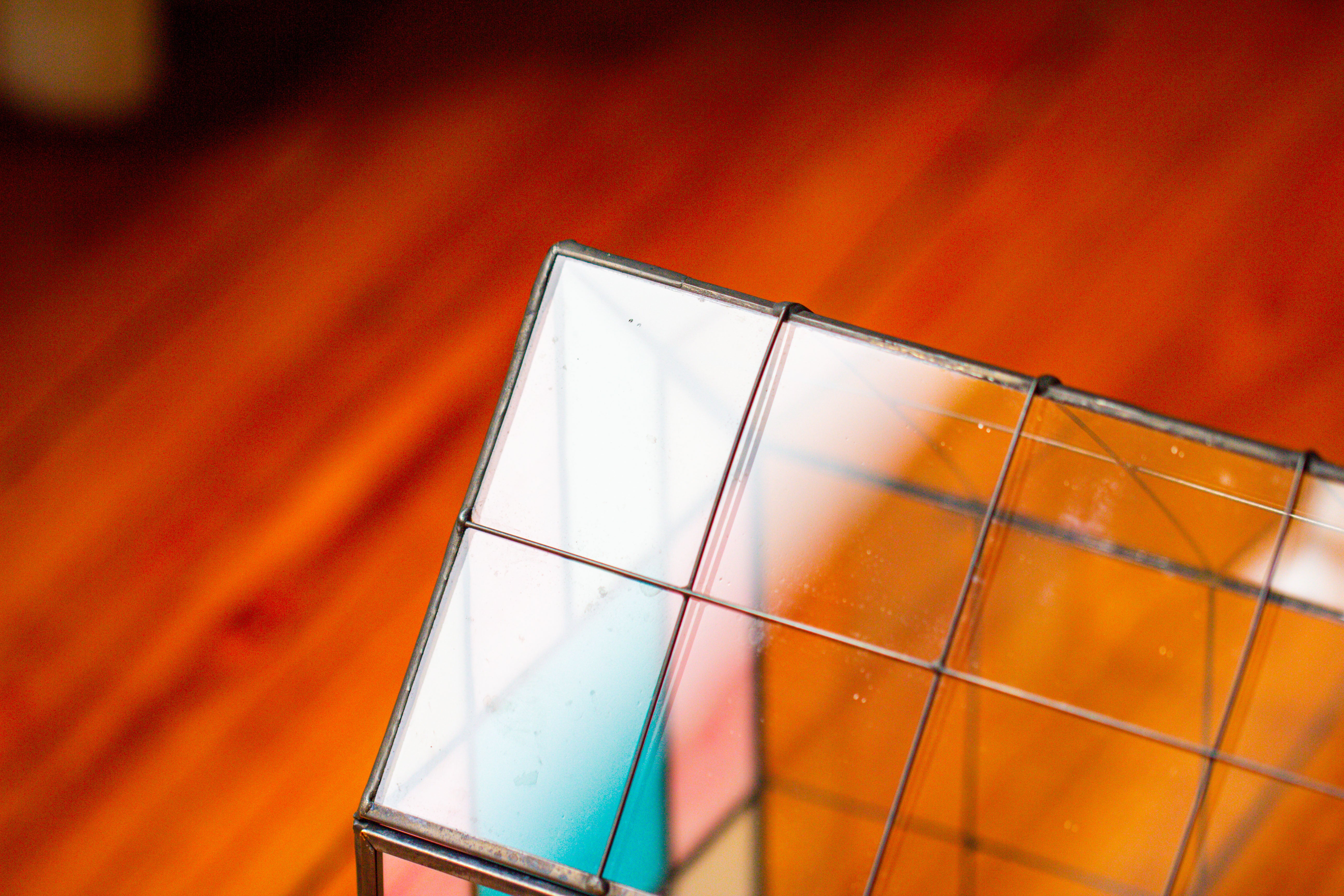 Blue Pink White  Stained Glass House Shape Geometric Terrarium, Vintage Style, Close - NCYPgarden