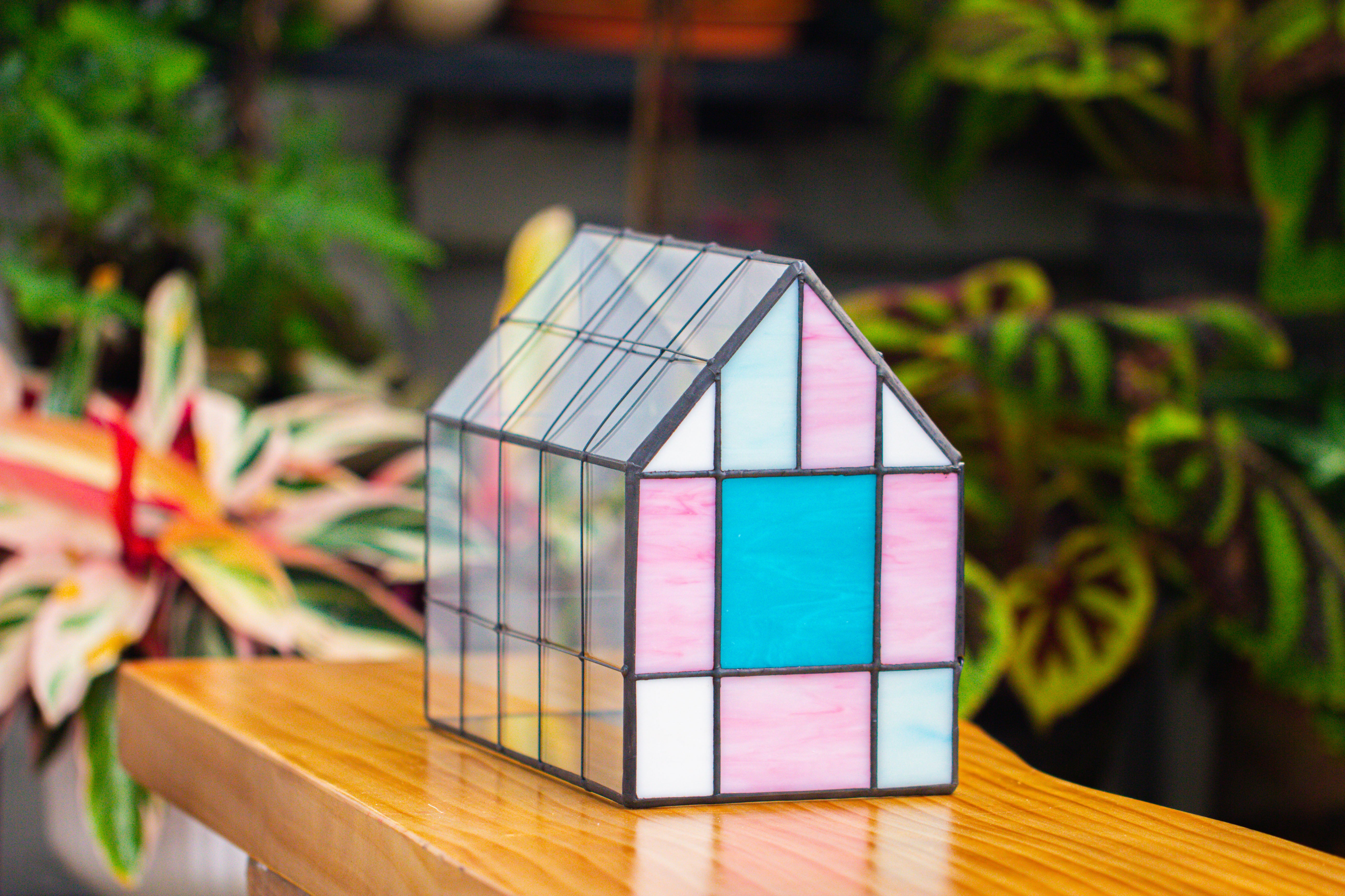 Blue Pink White  Stained Glass House Shape Geometric Terrarium, Vintage Style, Close - NCYPgarden