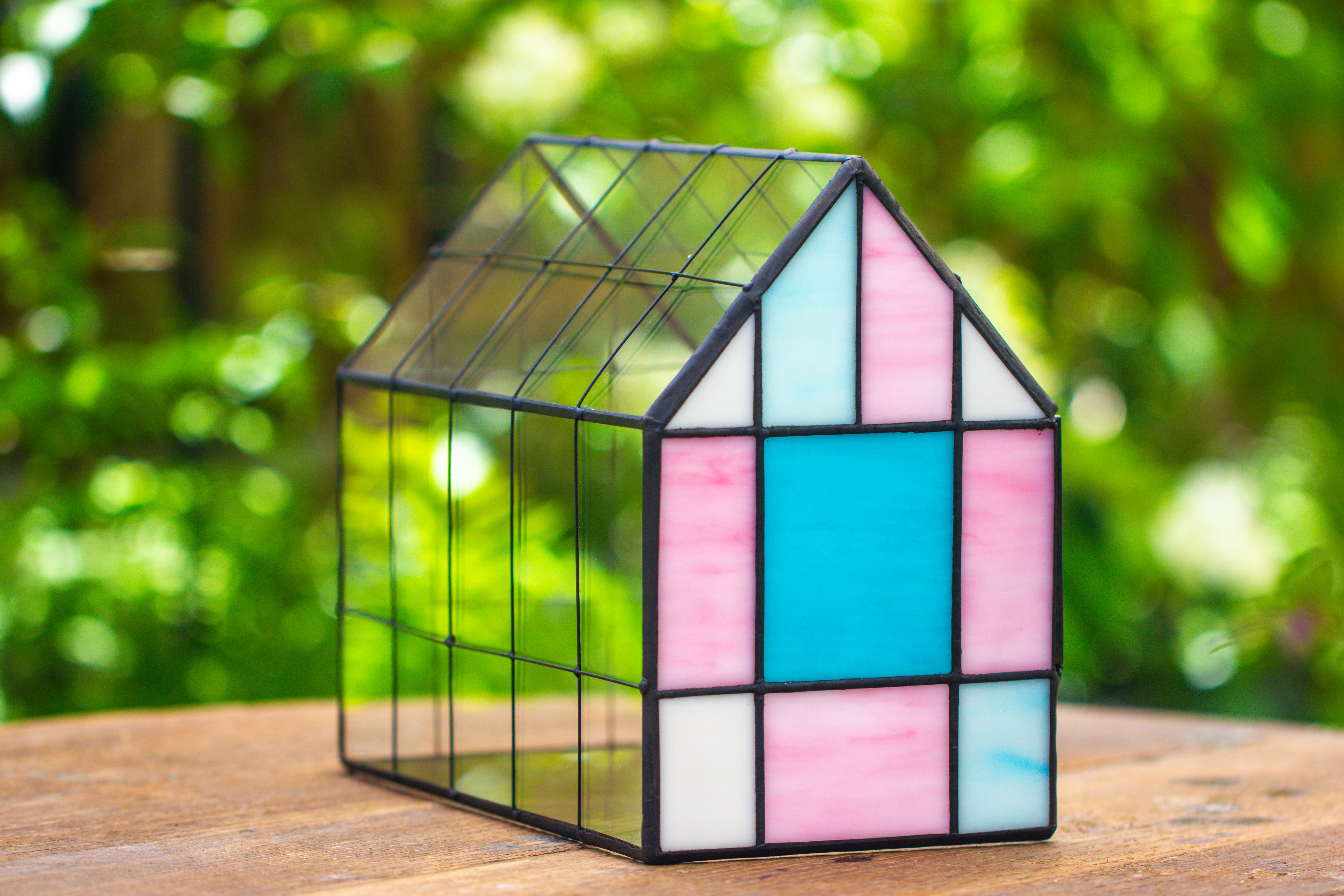 Blue Pink White  Stained Glass House Shape Geometric Terrarium, Vintage Style, Close - NCYPgarden