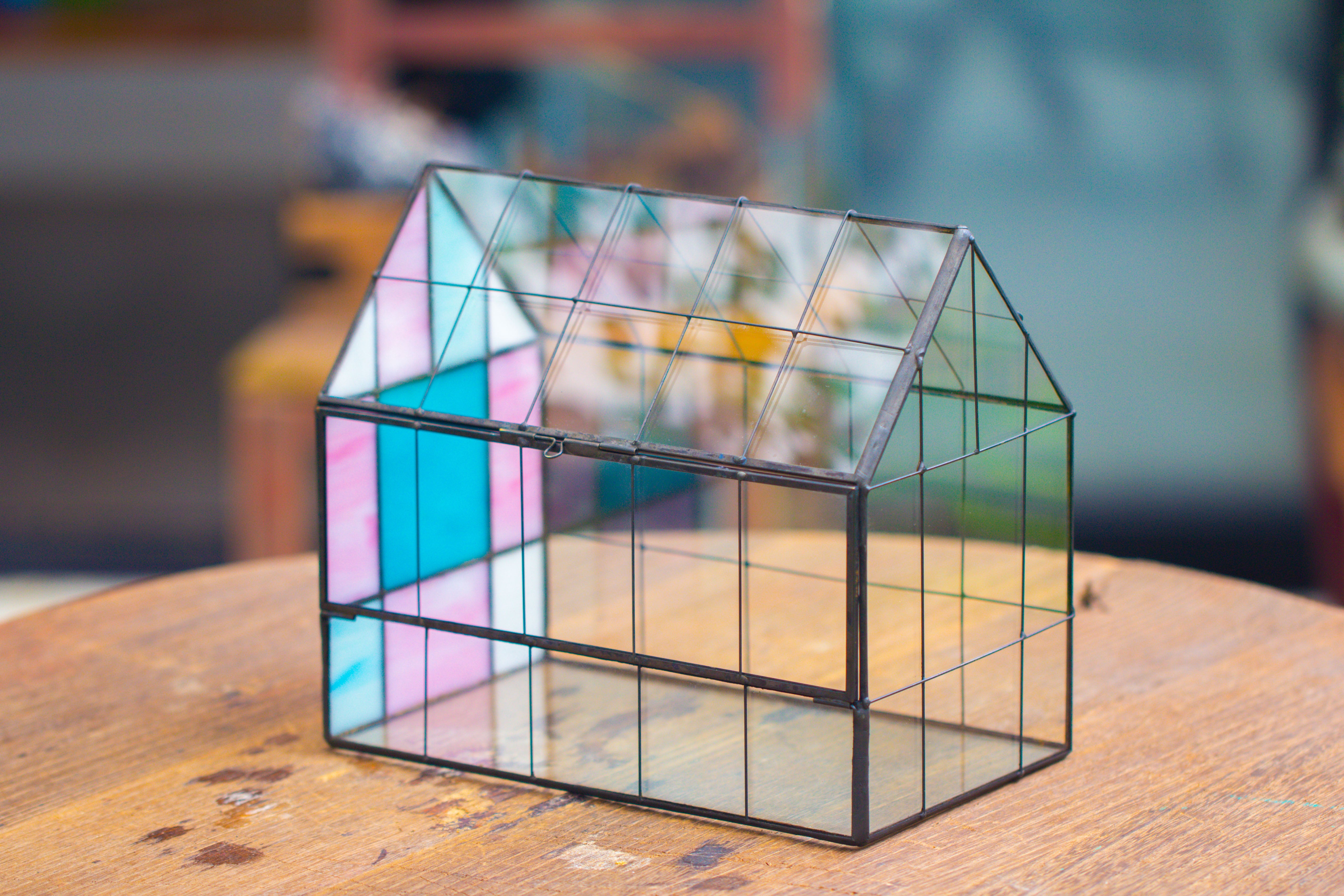Blue Pink White  Stained Glass House Shape Geometric Terrarium, Vintage Style, Close - NCYPgarden