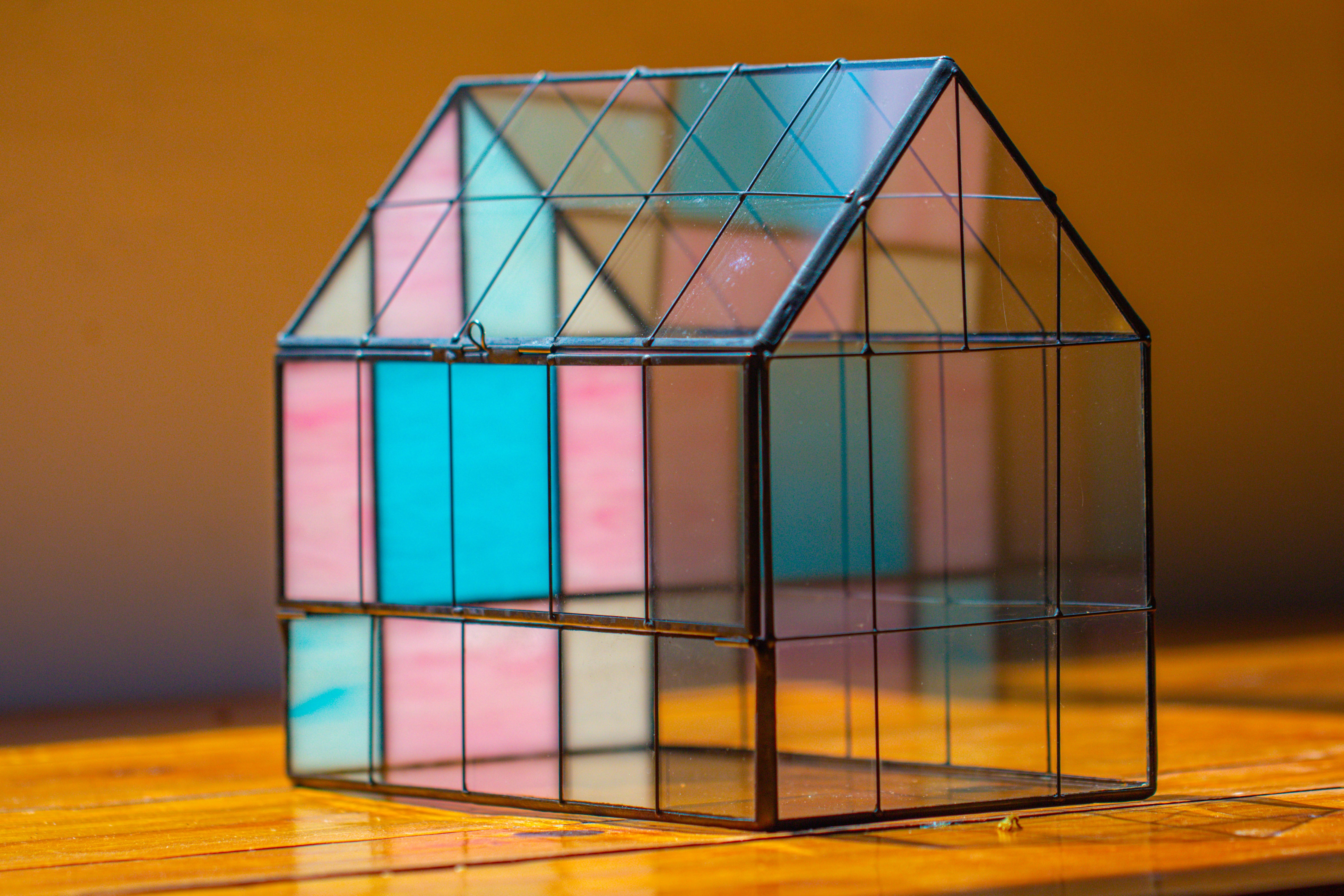 Blue Pink White  Stained Glass House Shape Geometric Terrarium, Vintage Style, Close - NCYPgarden