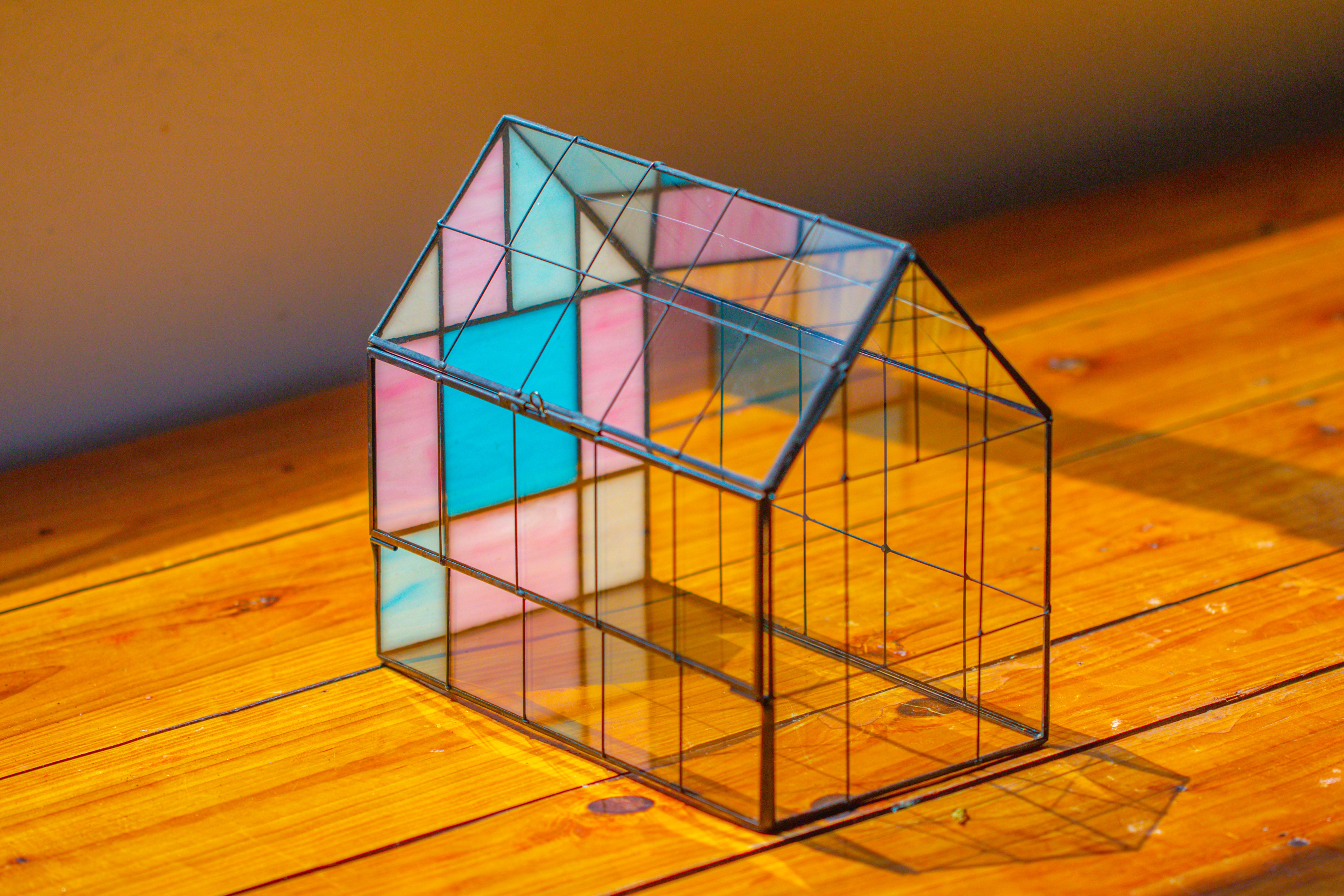 Blue Pink White  Stained Glass House Shape Geometric Terrarium, Vintage Style, Close - NCYPgarden