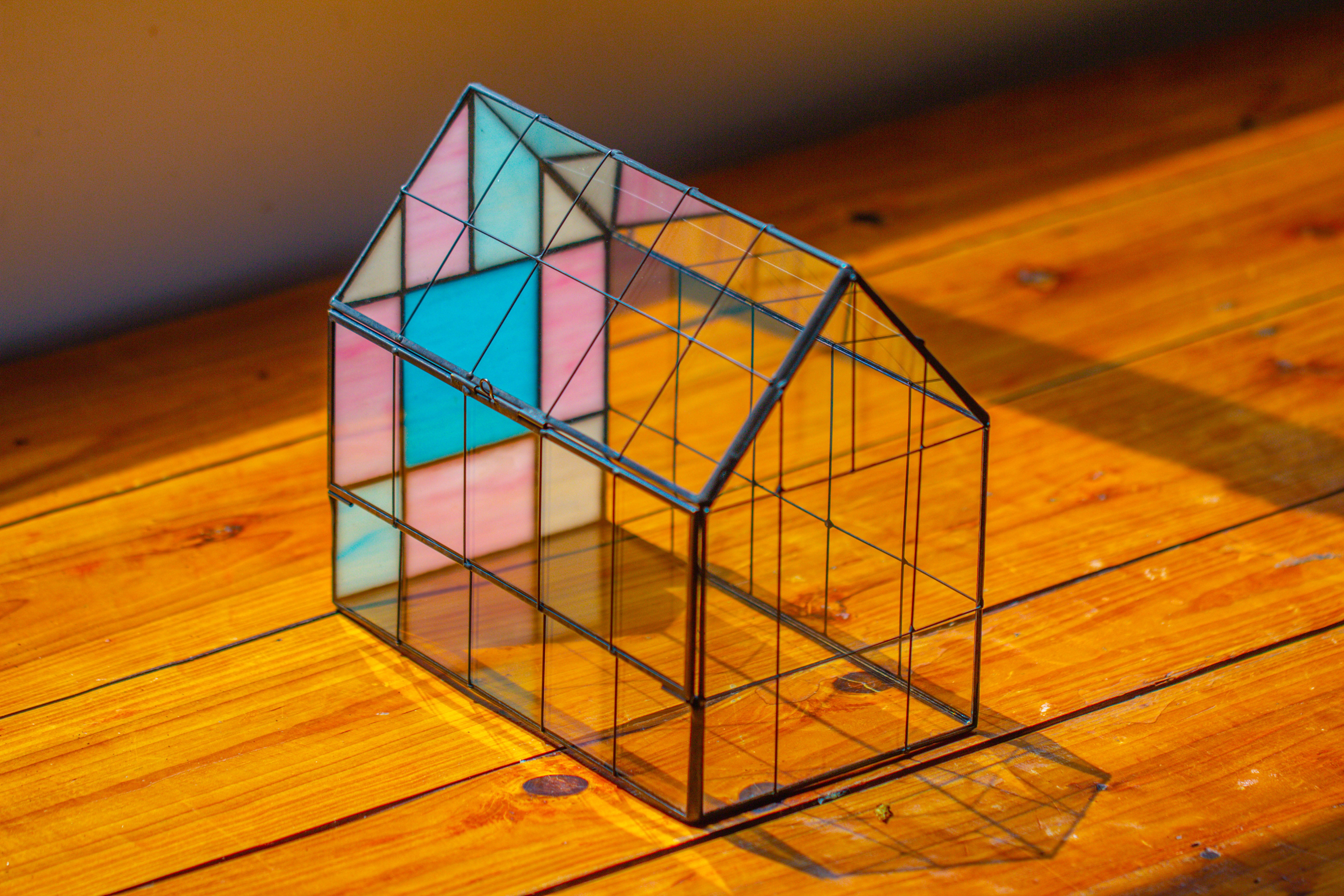 Blue Pink White  Stained Glass House Shape Geometric Terrarium, Vintage Style, Close - NCYPgarden