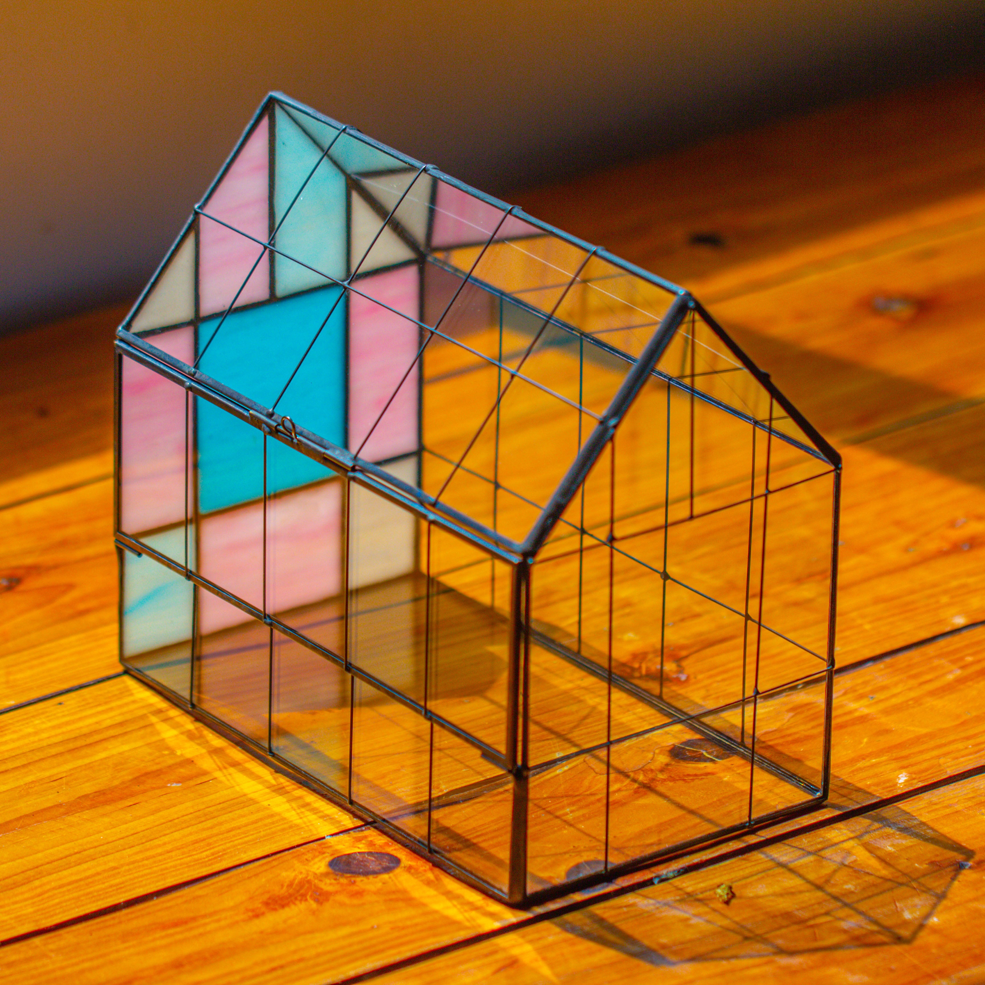 Blue Pink White  Stained Glass House Shape Geometric Terrarium, Vintage Style, Close - NCYPgarden