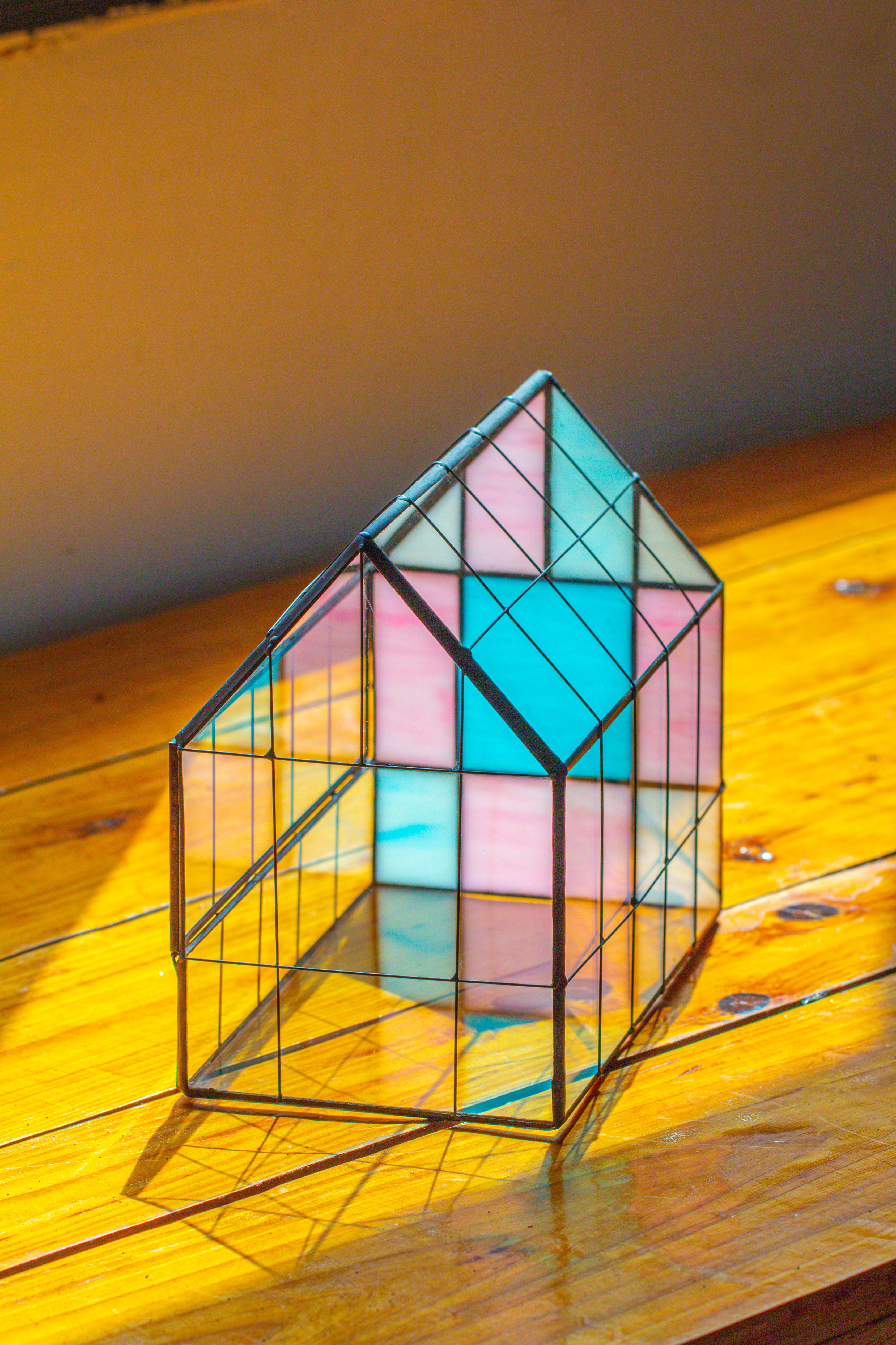 Blue Pink White  Stained Glass House Shape Geometric Terrarium, Vintage Style, Close - NCYPgarden