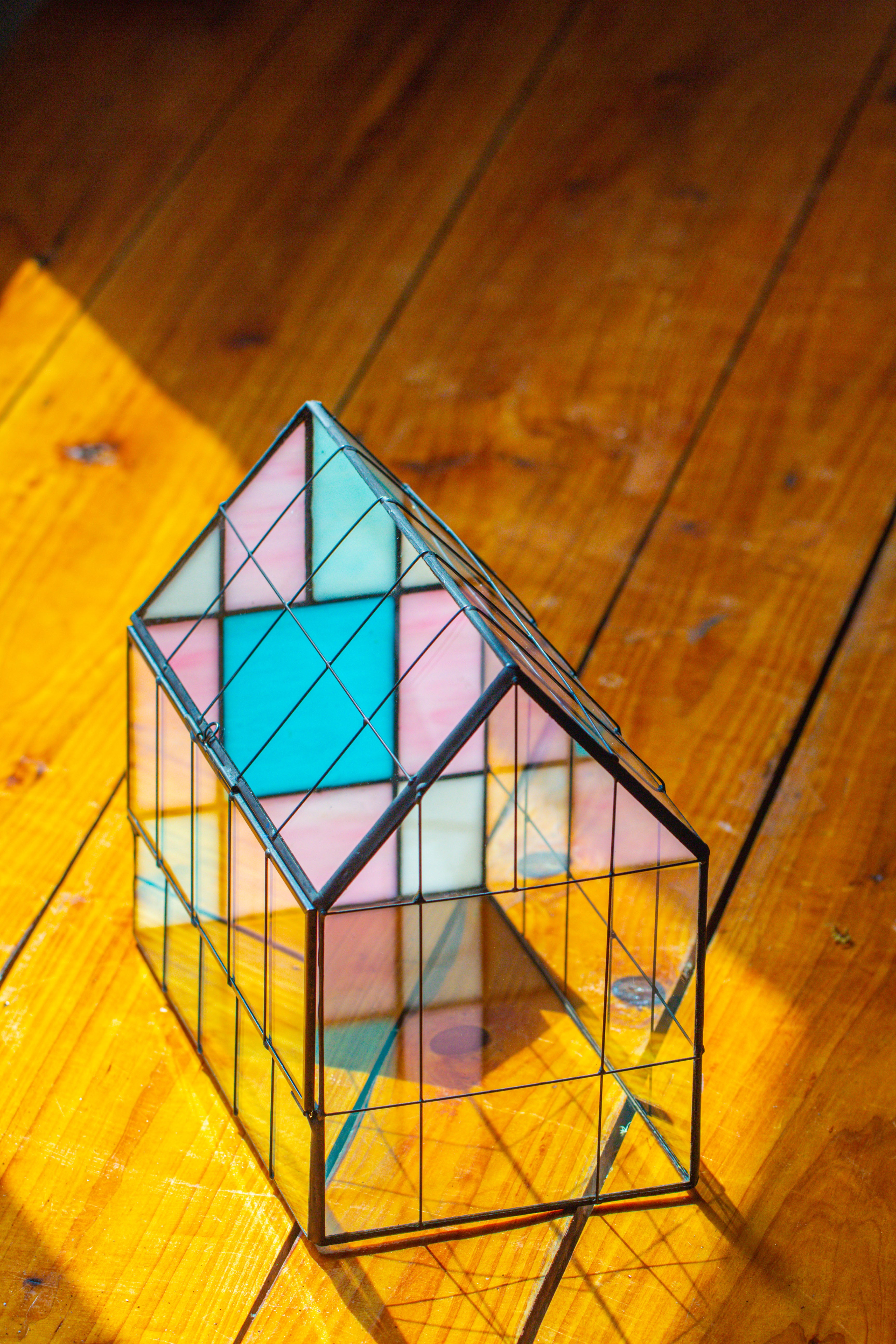 Blue Pink White  Stained Glass House Shape Geometric Terrarium, Vintage Style, Close - NCYPgarden