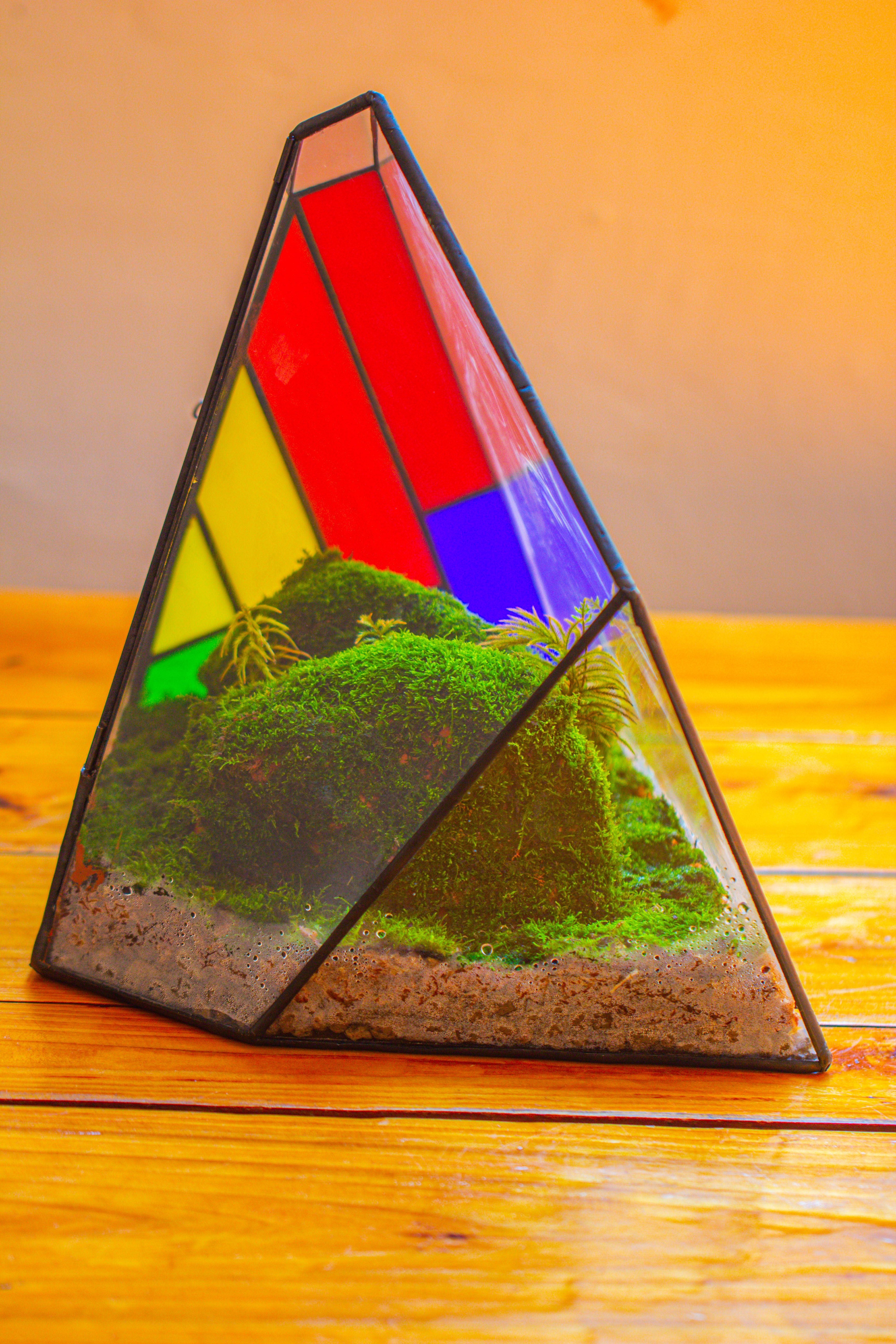 Rainbow Stained Glass Irregular Geometric Ice Peak  Shape Terrarium, Close - NCYPgarden