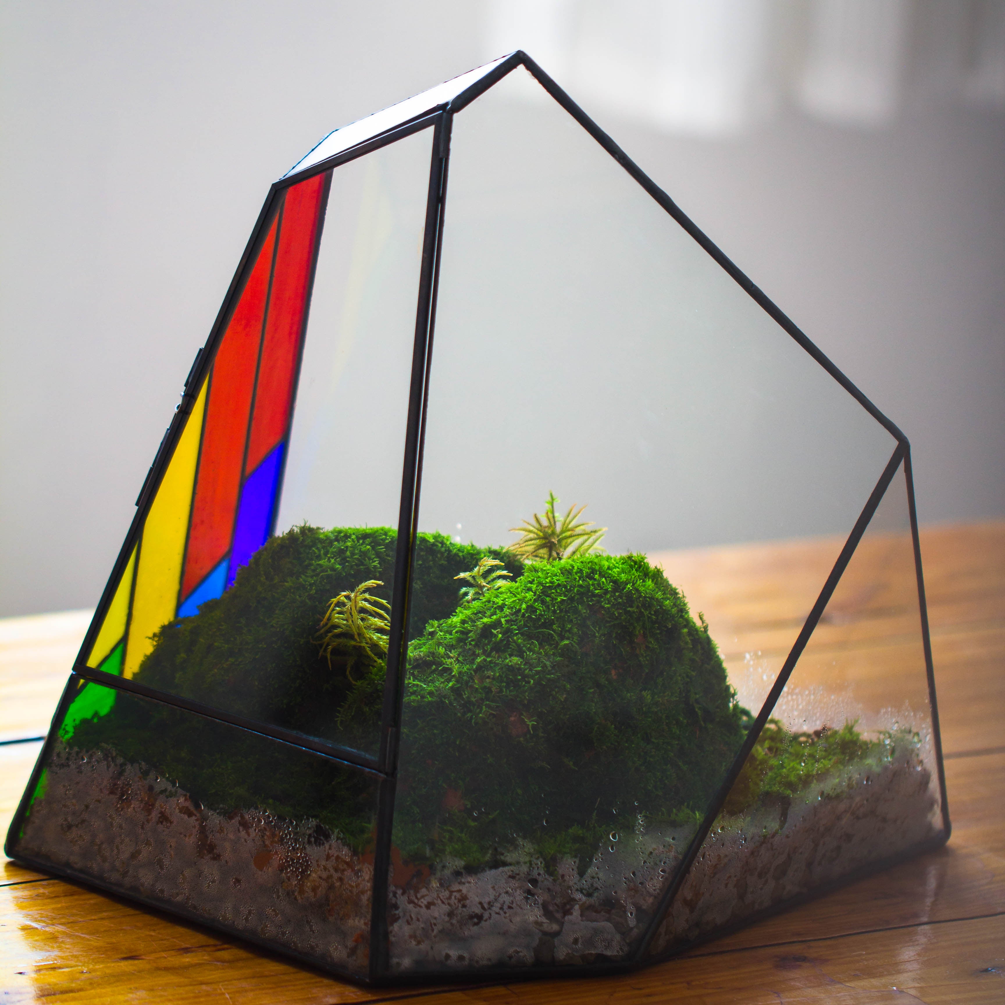Rainbow Stained Glass Irregular Geometric Ice Peak  Shape Terrarium, Close - NCYPgarden