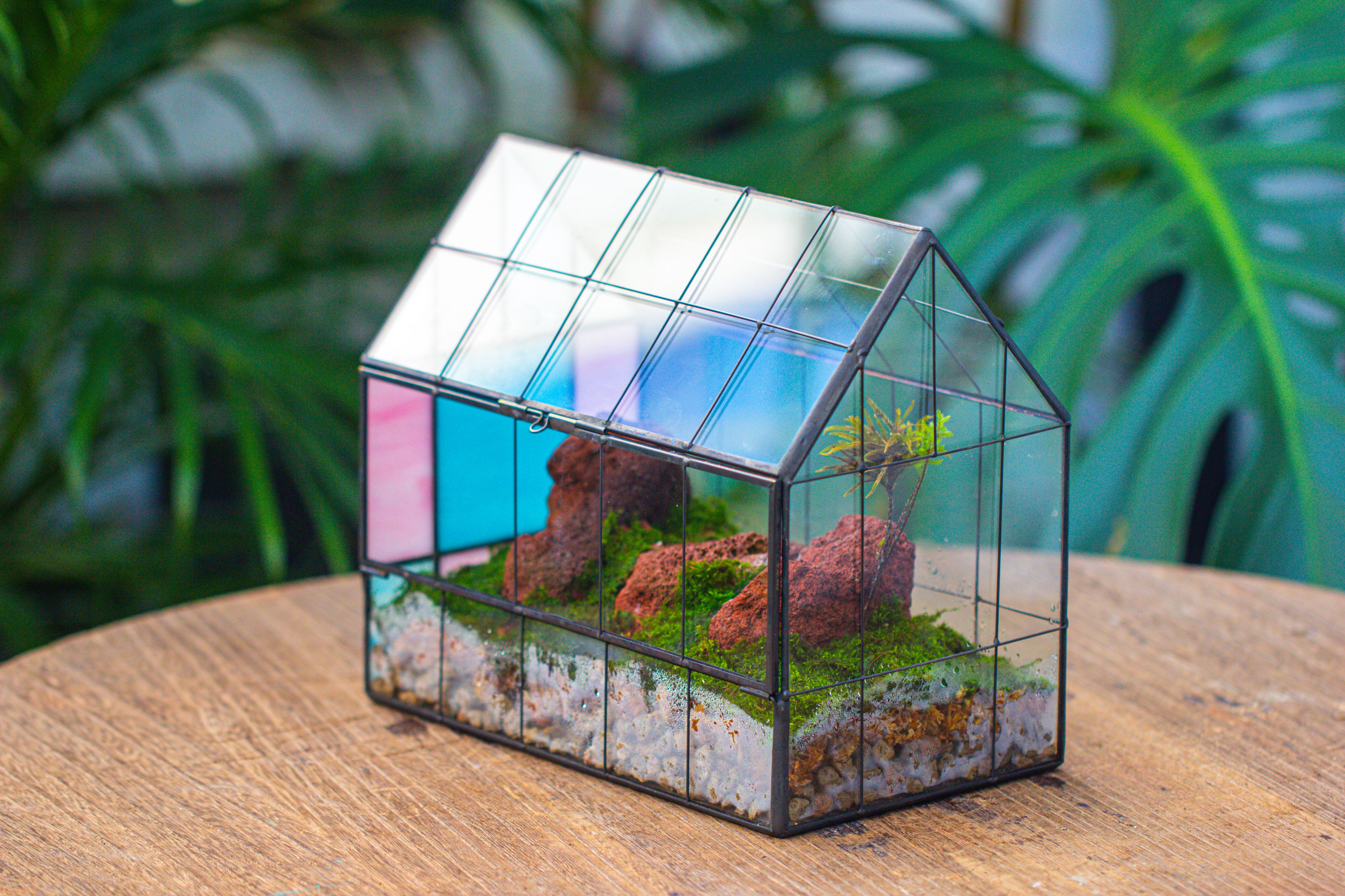 Blue Pink White  Stained Glass House Shape Geometric Terrarium, Vintage Style, Close - NCYPgarden
