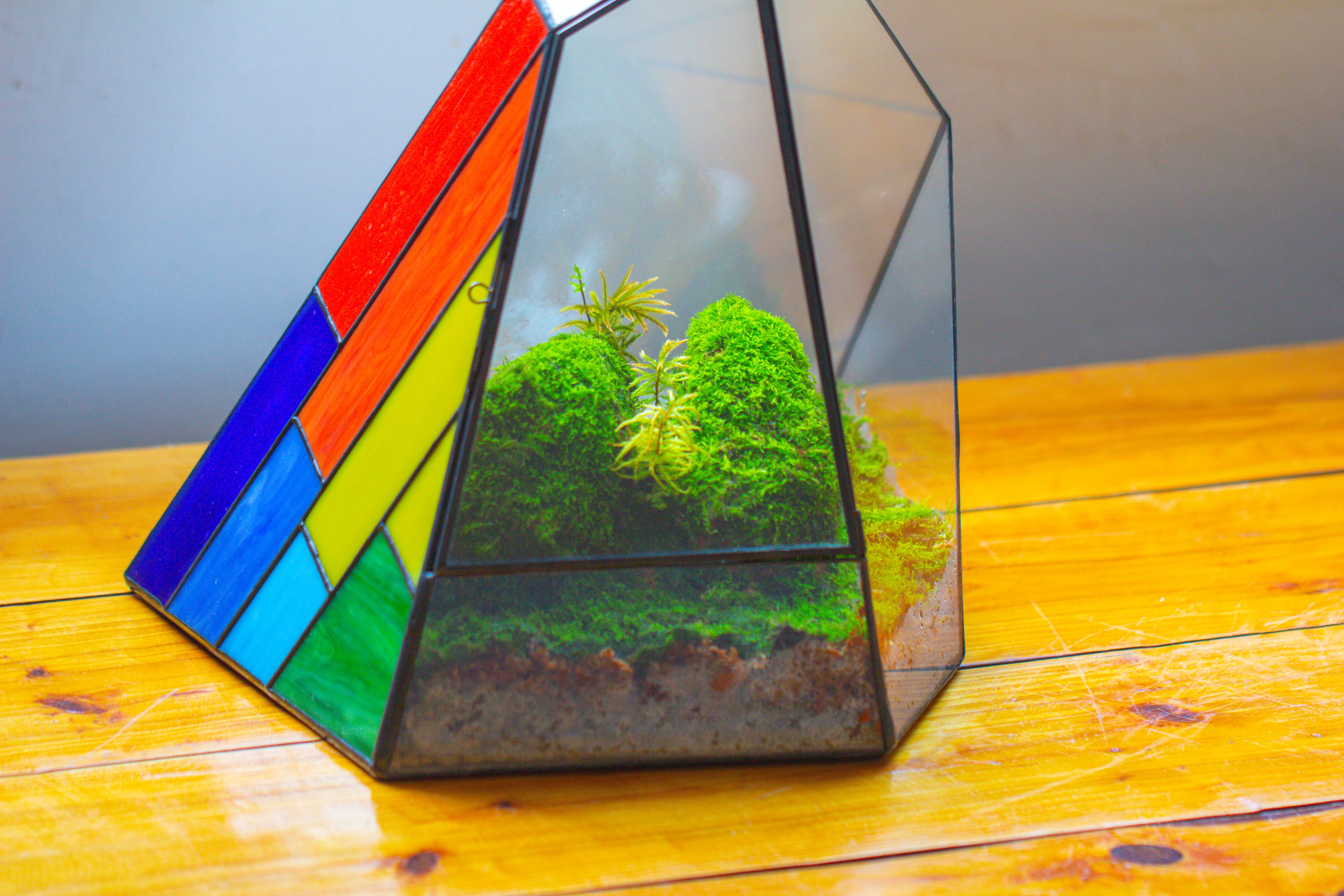 Rainbow Stained Glass Irregular Geometric Ice Peak  Shape Terrarium, Close - NCYPgarden