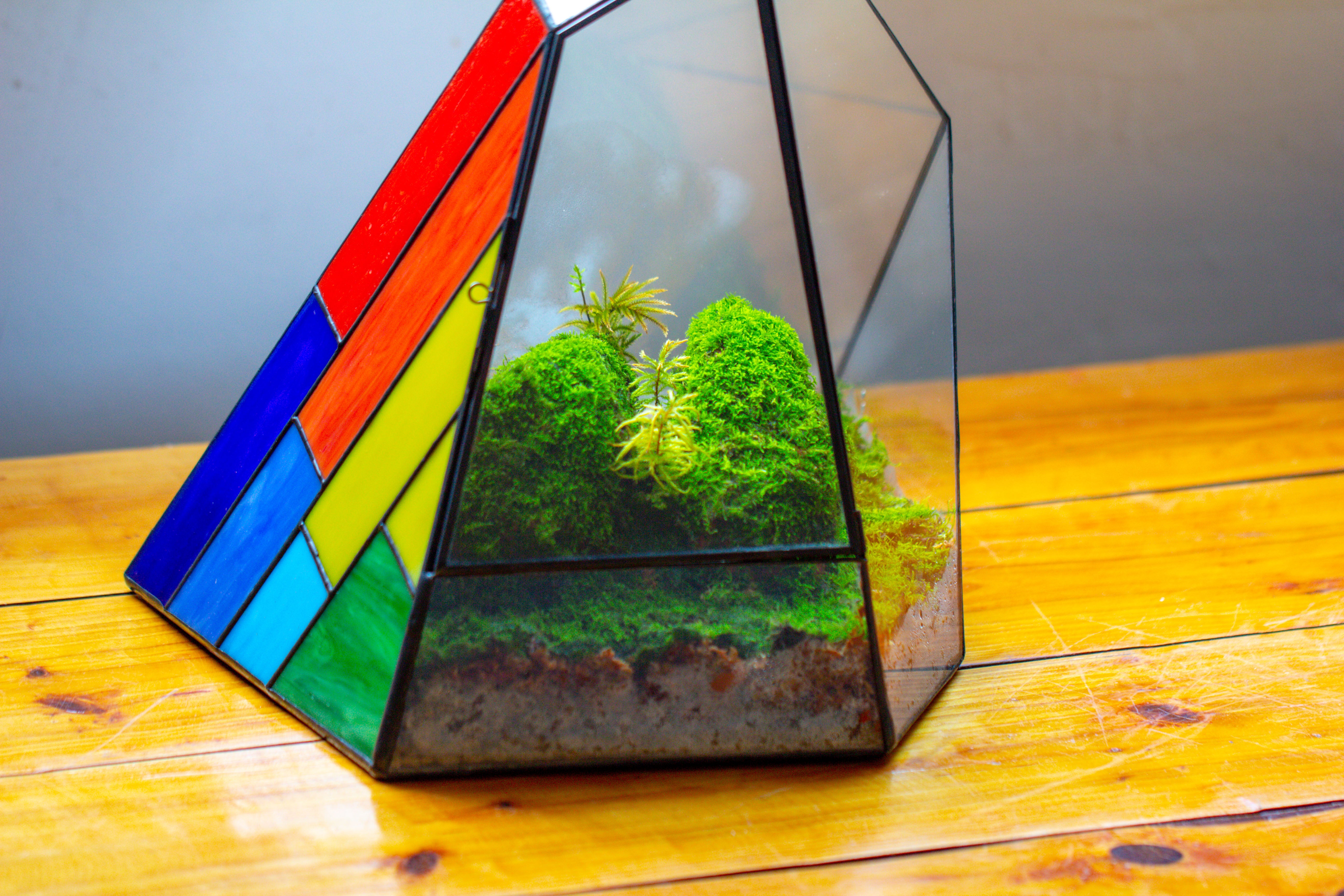 Rainbow Stained Glass Irregular Geometric Ice Peak  Shape Terrarium, Close - NCYPgarden