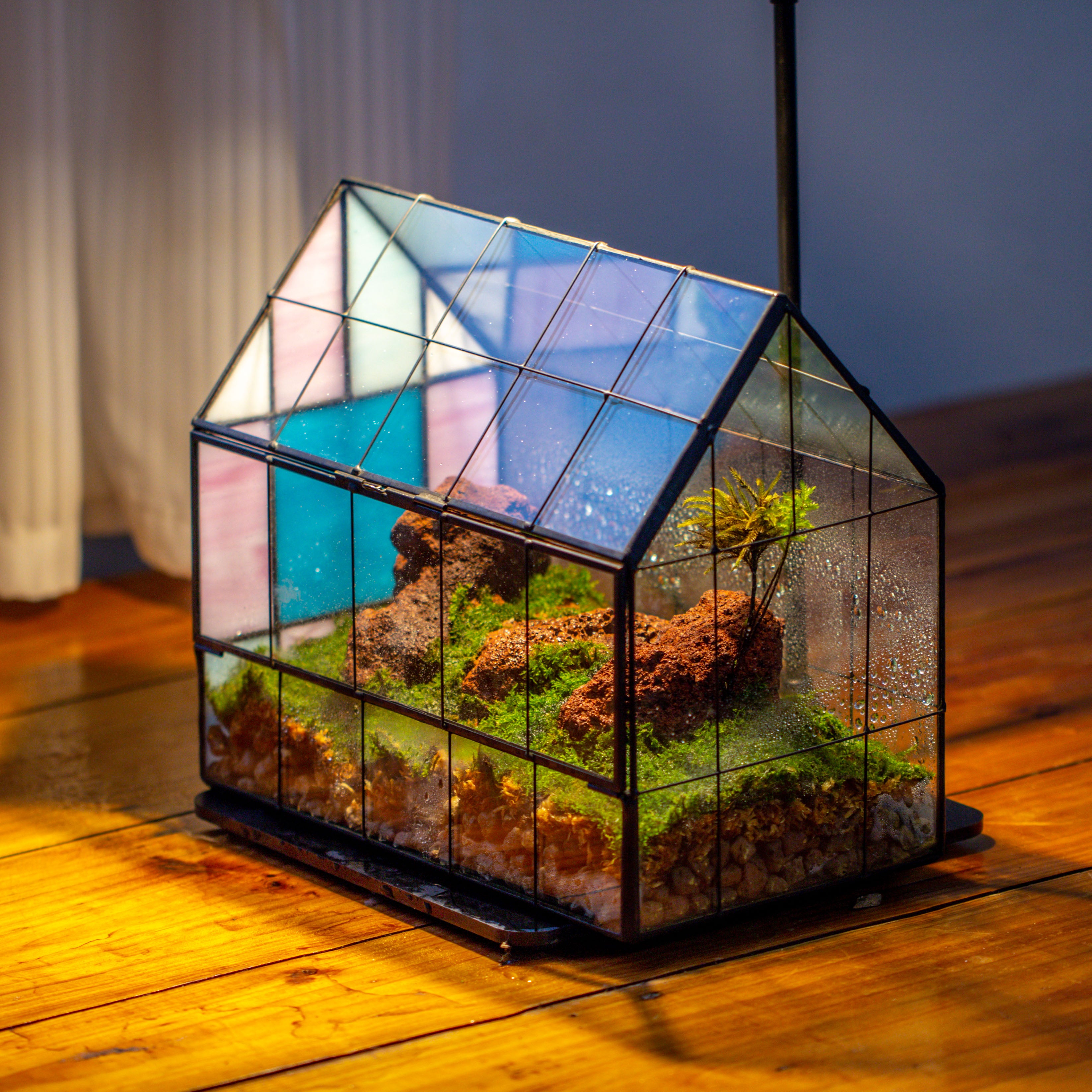 Blue Pink White  Stained Glass House Shape Geometric Terrarium, Vintage Style, Close - NCYPgarden
