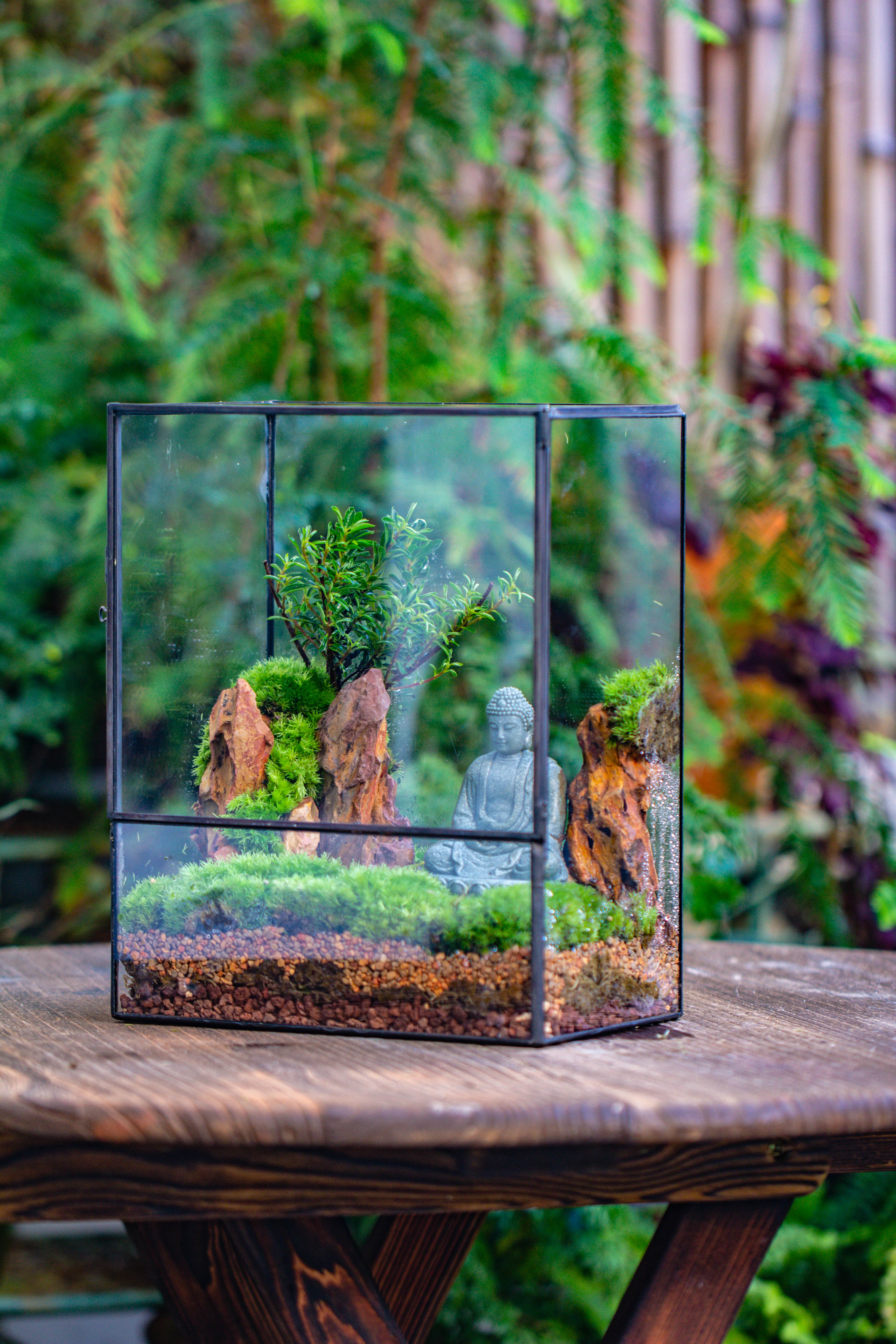 Close Geometric Glass Tin Terrarium , 8x10" and Buddha, rock, Micro Landscape Moss Terrarium Building DIY set No plants, Customizable - NCYPgarden